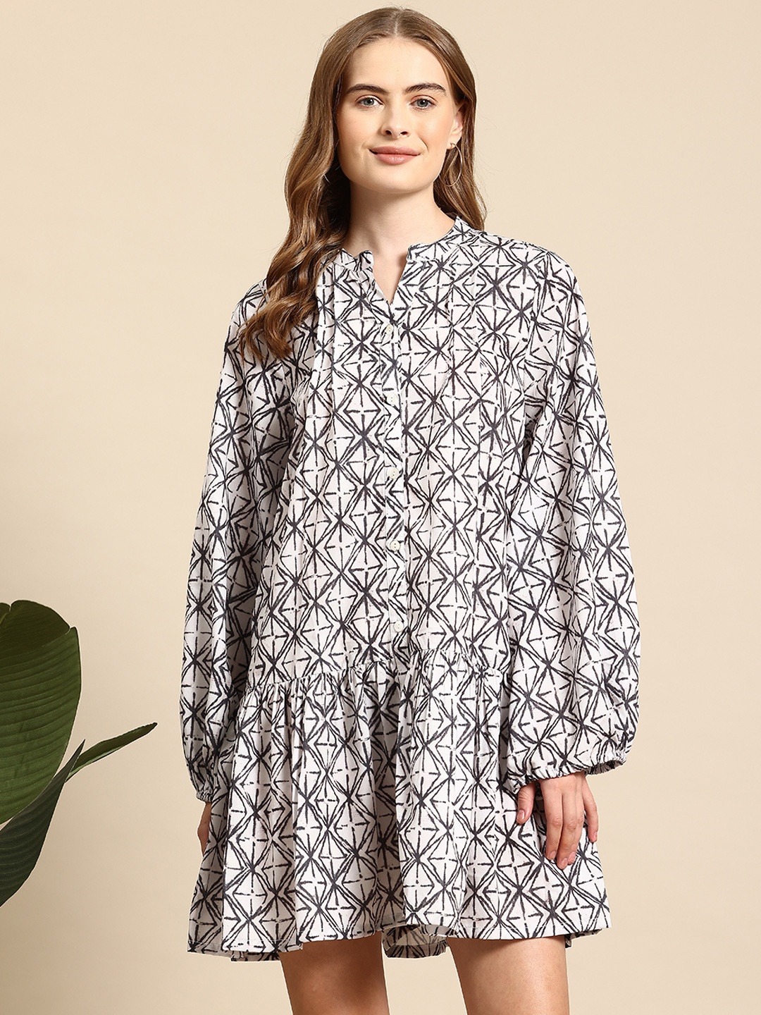 

Mast & Harbour Printed Puff Sleeves Tiered A-Line Mini Dress, Off white