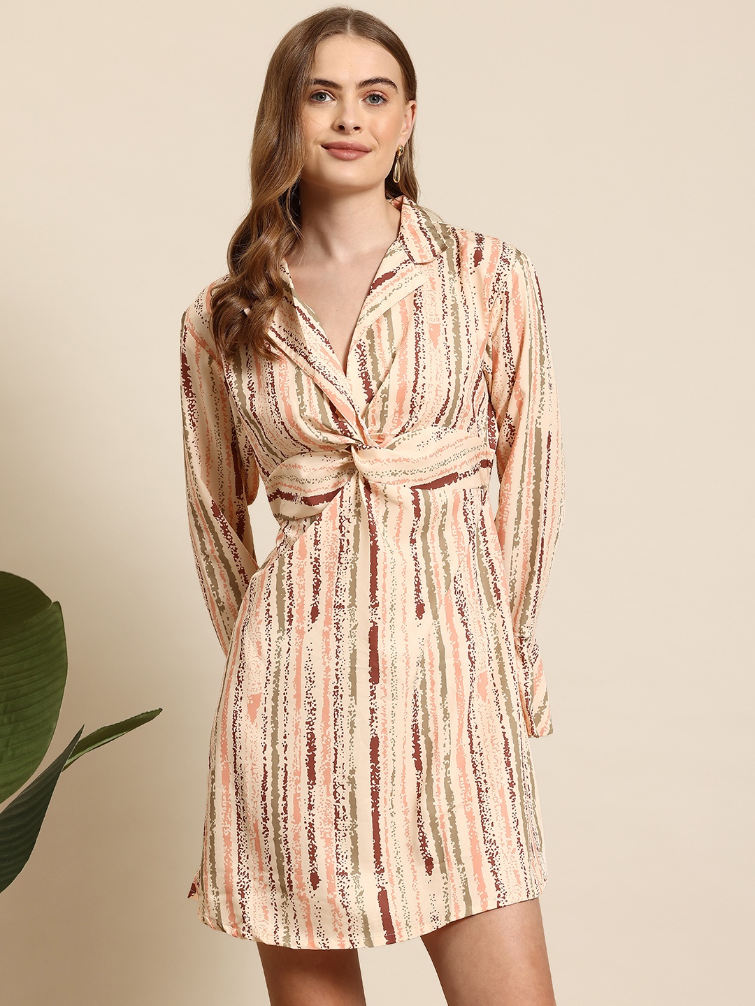 

Mast & Harbour Twisted Detail Printed Bell Sleeves Mini Shirt Dress, Beige