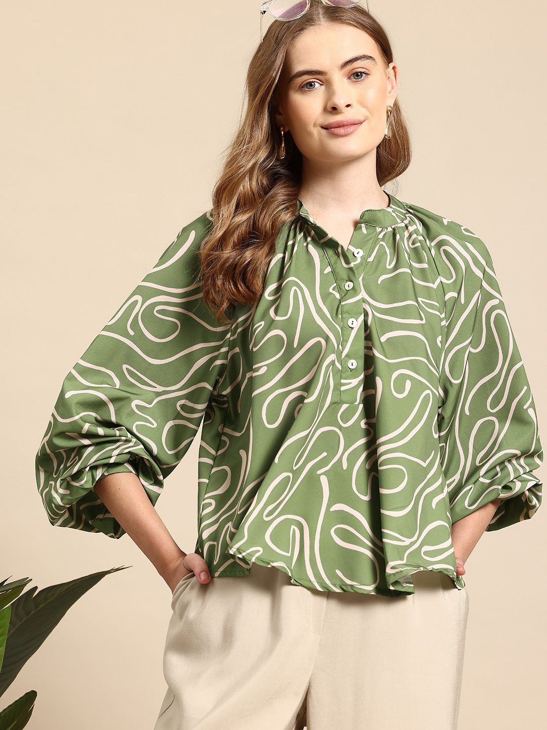 

Mast & Harbour Printed Mandarin Collar Shirt Style Top, Olive