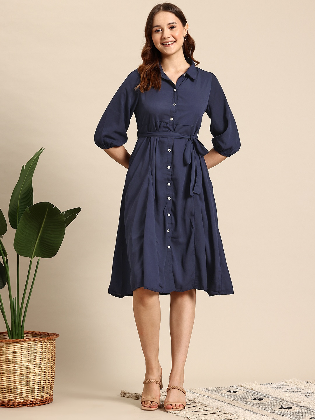 

Mast & Harbour Puff Sleeve Belted Shirt Midi Dress, Navy blue