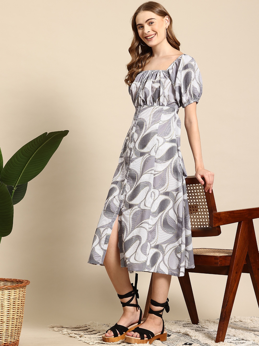 

Mast & Harbour Printed Puff Sleeves A-Line Midi Dress, Grey