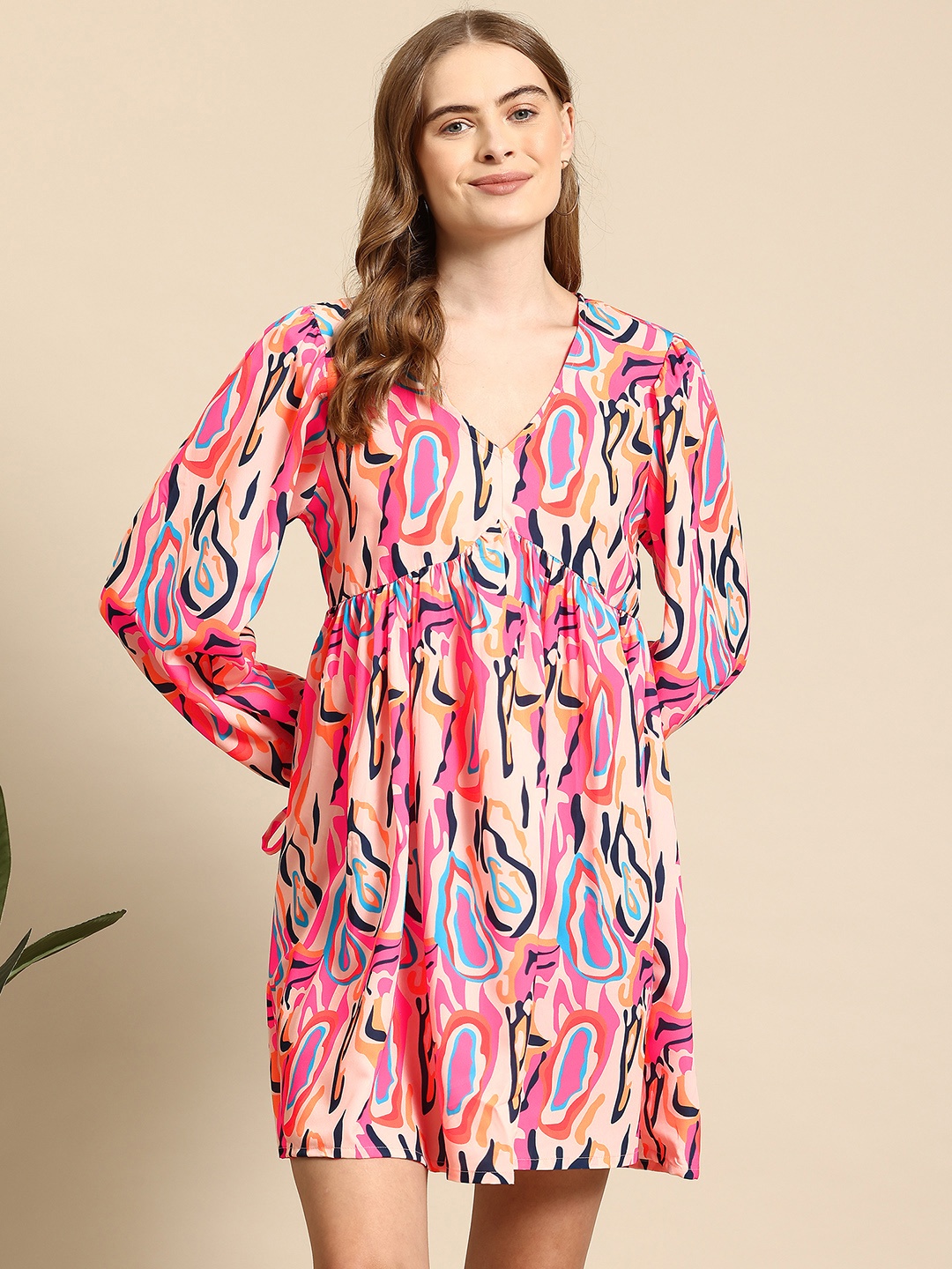 

Mast & Harbour Printed Puff Sleeve Empire Mini Dress, Pink