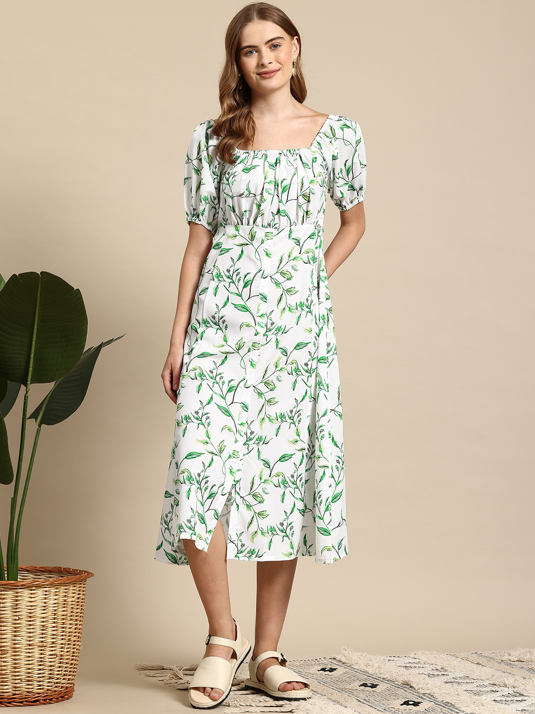 

Mast & Harbour Floral Print Puff Sleeves A-Line Midi Dress, White