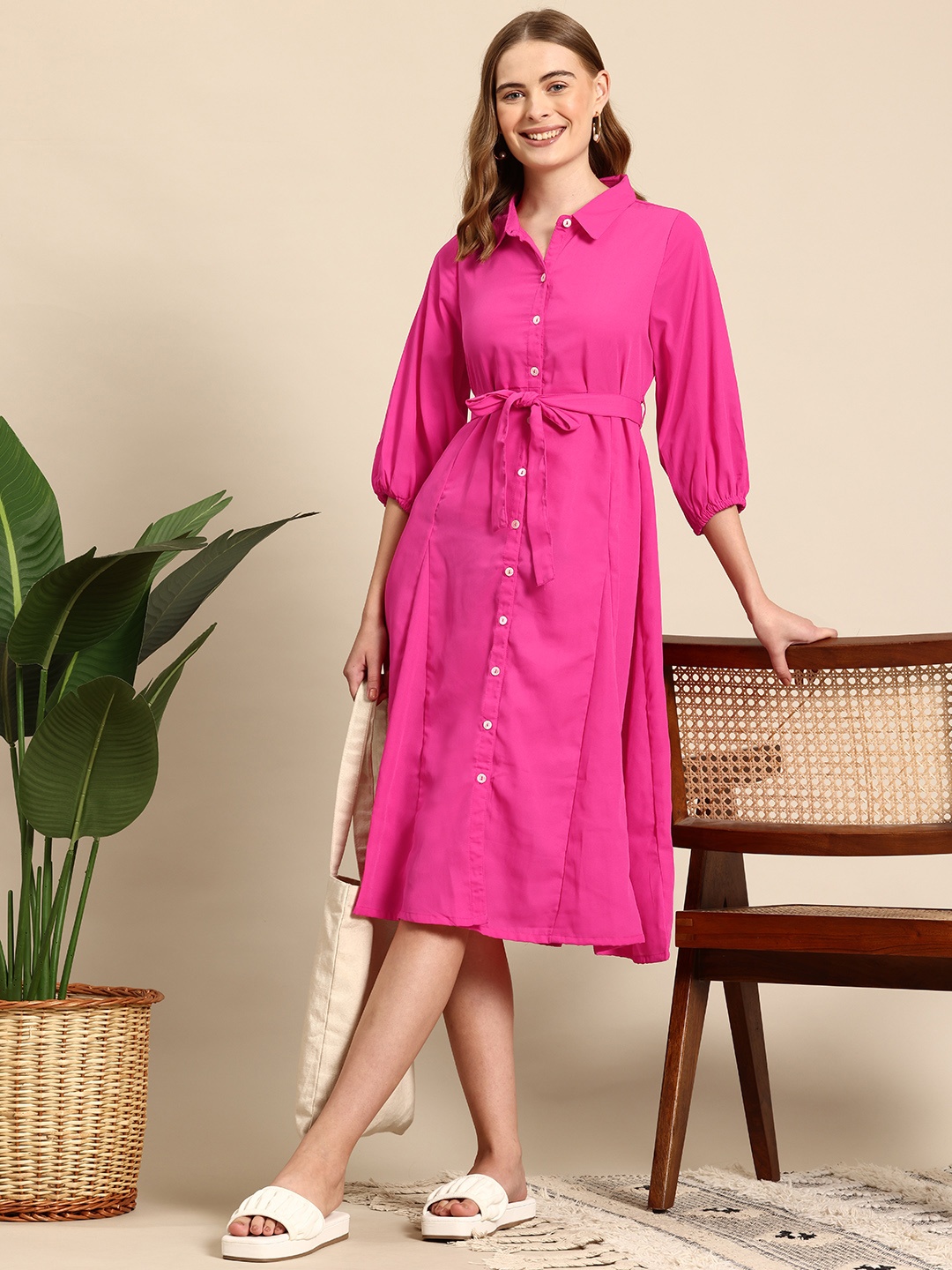 

Mast & Harbour Belted Puff Sleeve Midi Shirt Dress, Fuchsia