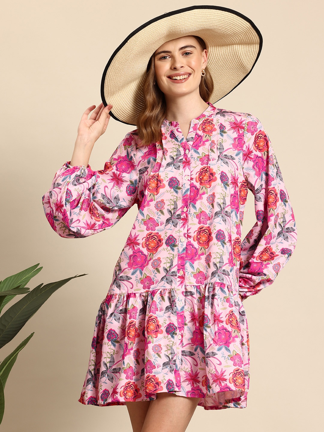 

Mast & Harbour Floral Print Puff Sleeve Mini Drop-Waist Dress, Pink