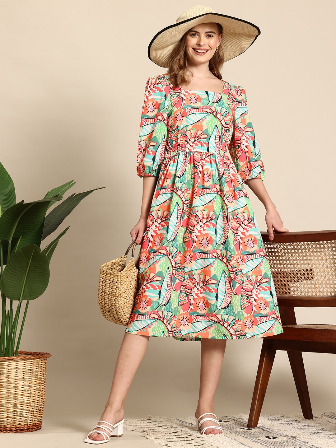 

Mast & Harbour Floral Printed Smocked Puff Sleeves Fit & Flare Midi Dress, Multi