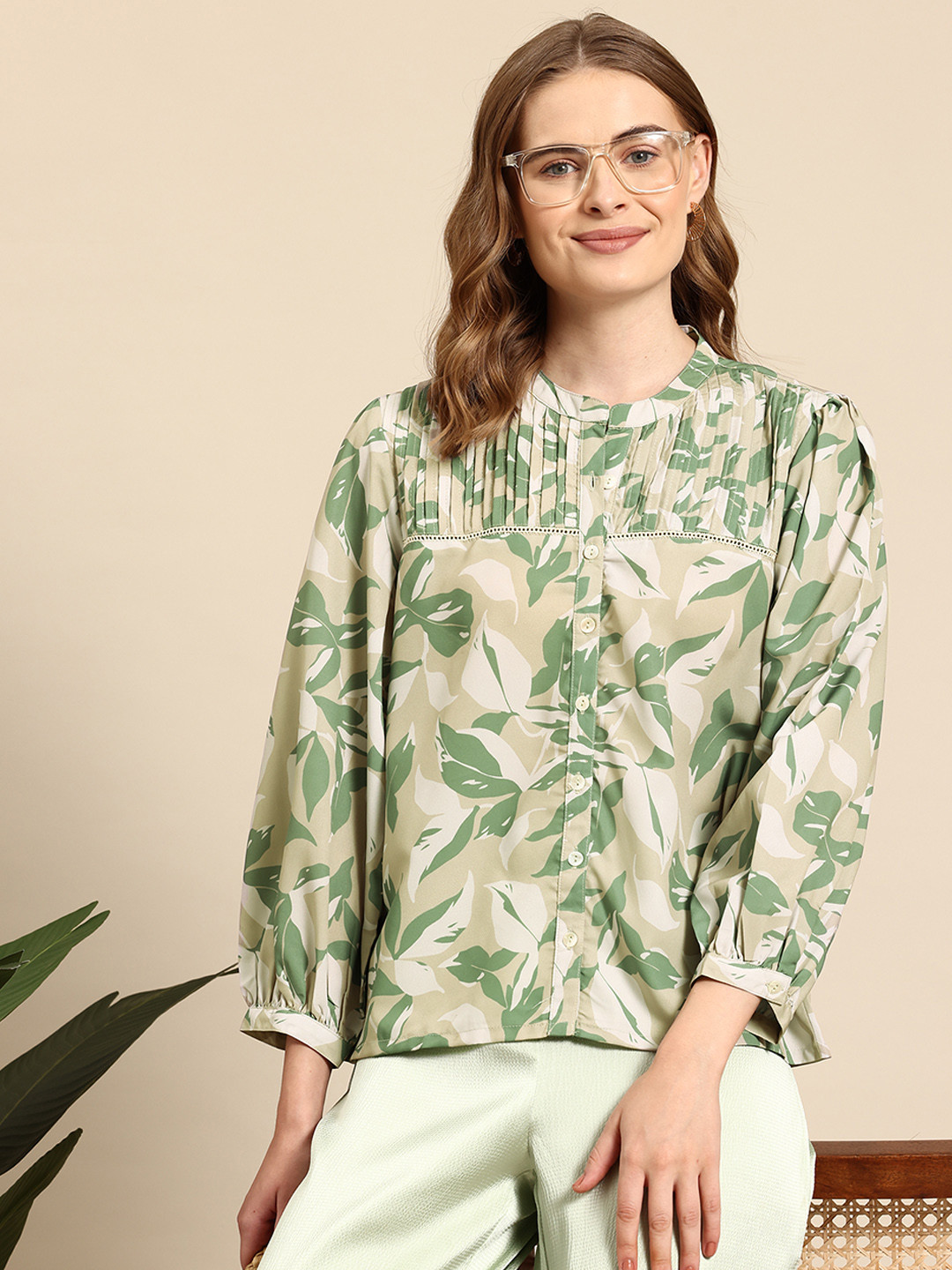 

Mast & Harbour Floral Print Mandarin Collar Shirt Style Top, Green