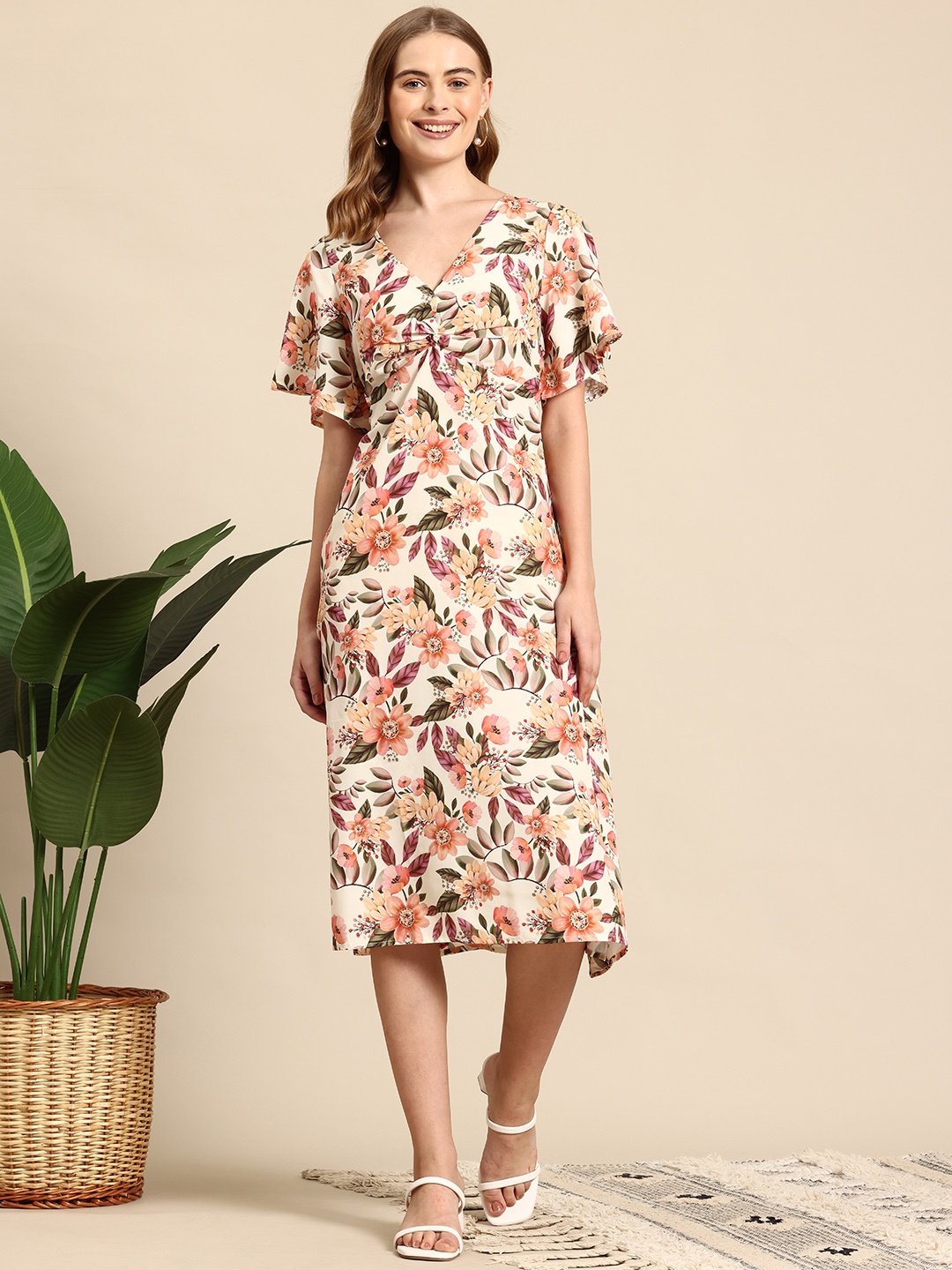 

Mast & Harbour Floral Printed Flutter Sleeves Sheath Maxi Dress, Yellow