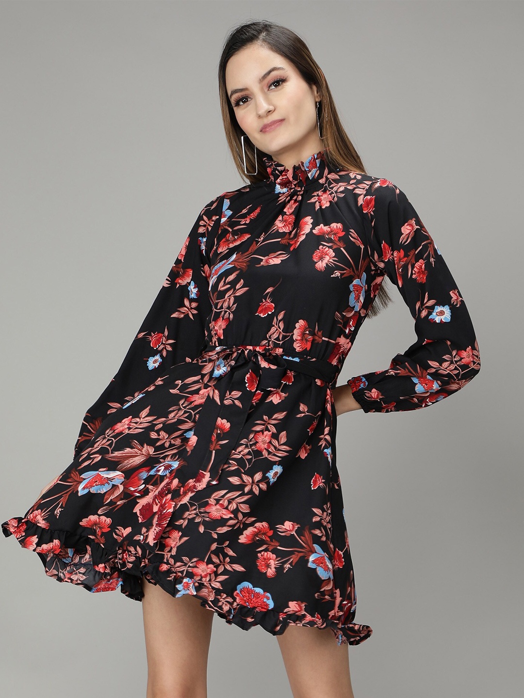 

smisingbee Floral Print Tie-Up Neck Puff Sleeve A-Line Dress, Black