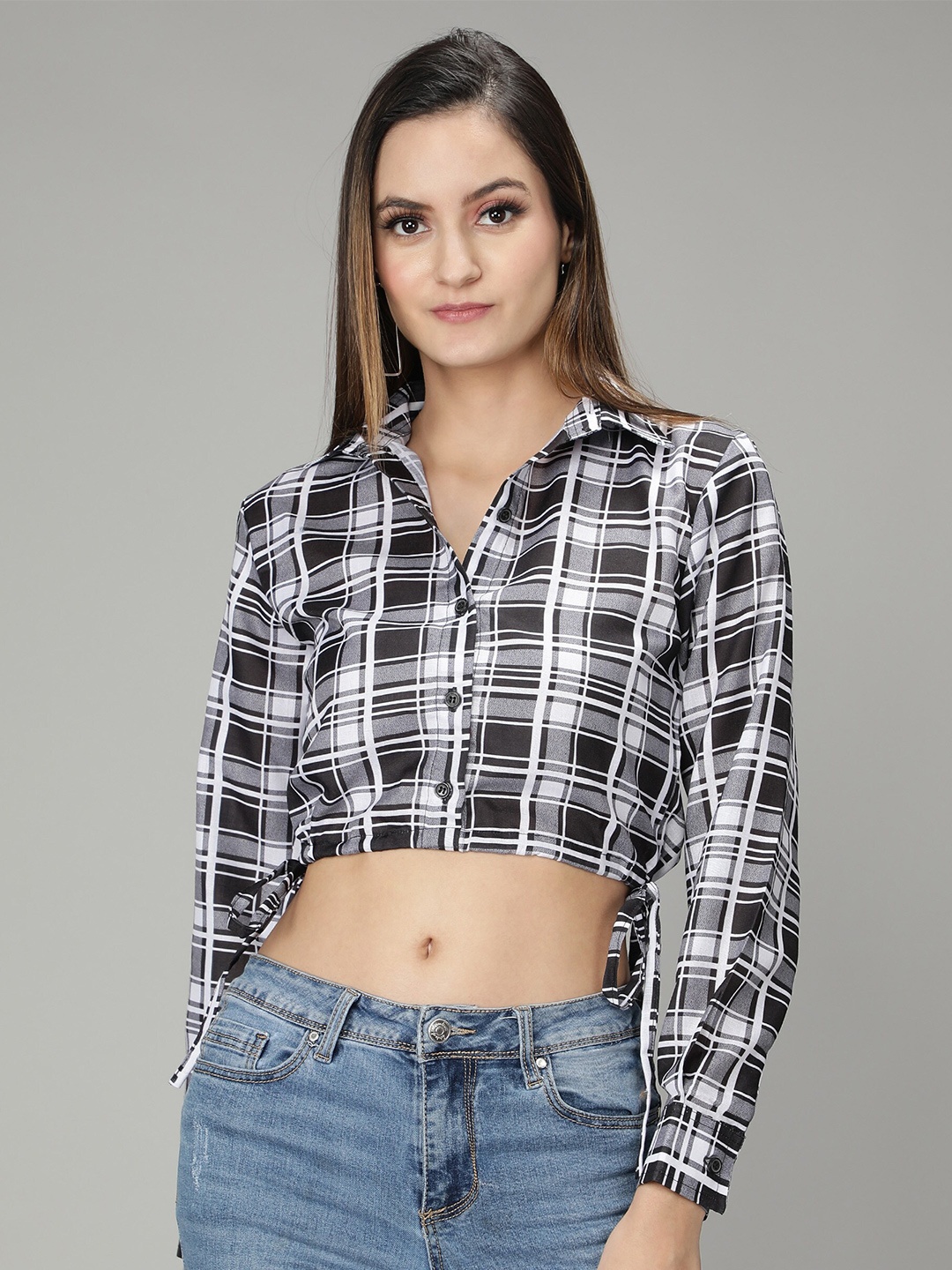 

smisingbee Checked Shirt Style Crop Top, Black