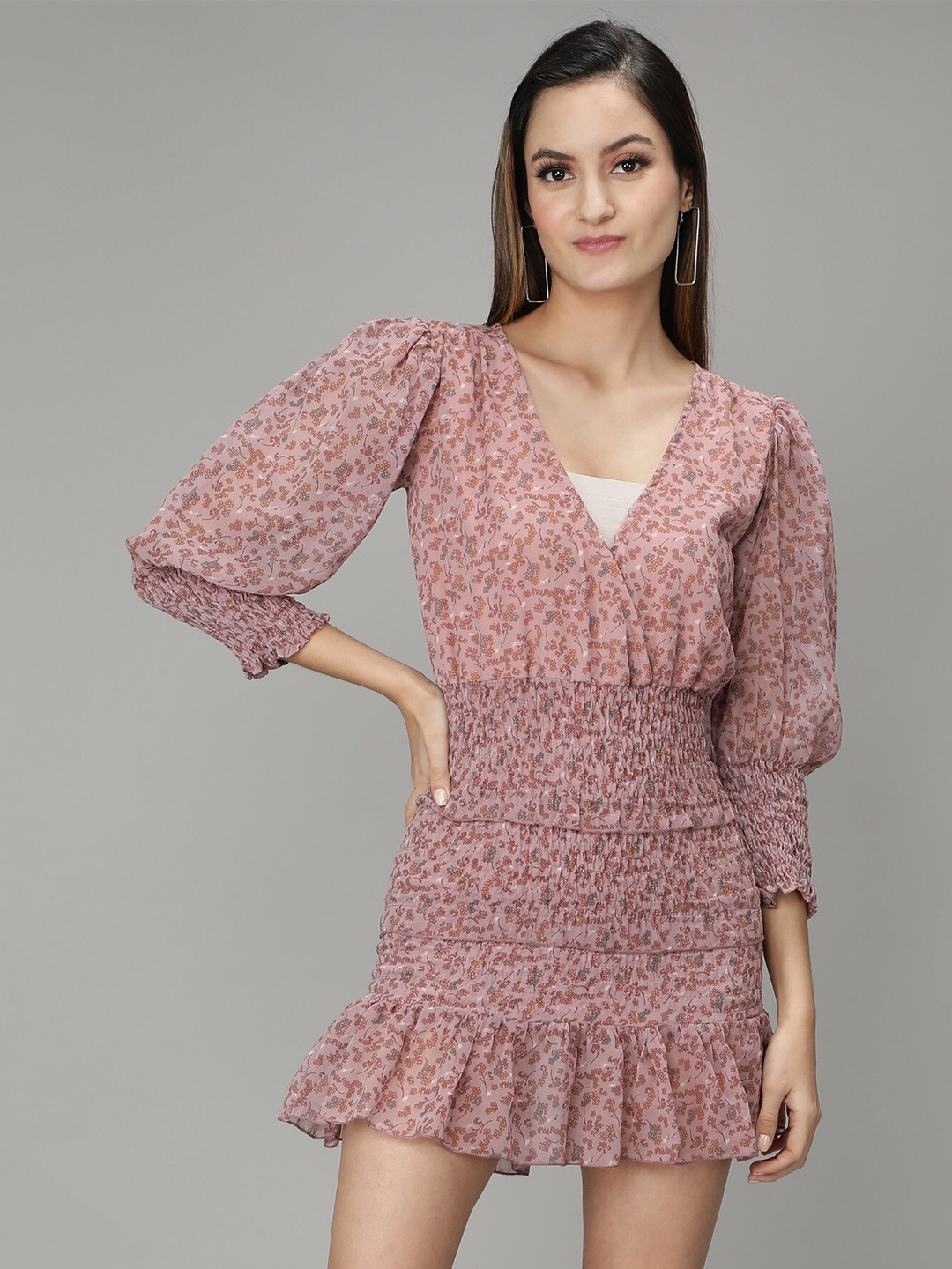 

smisingbee Print Puff Sleeve Georgette Fit and Flare Dress, Beige