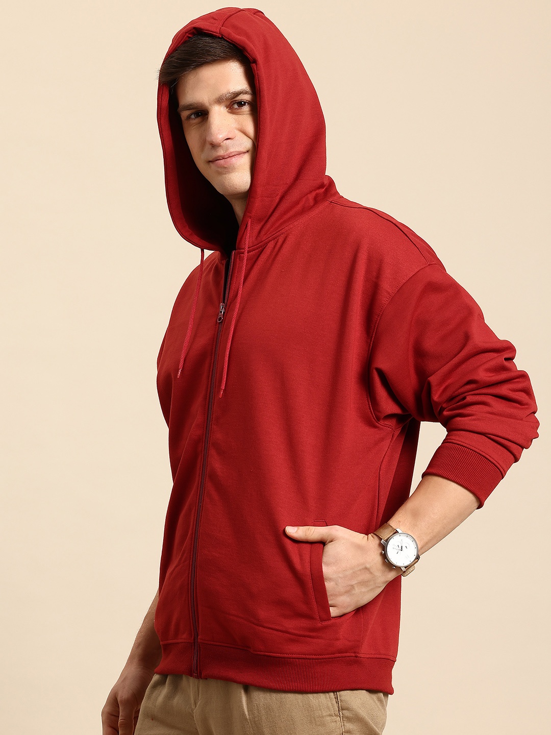 

Mast & Harbour Hooded Drop-Shoulder Sleeves Open-Front Sweatshirt, Rust