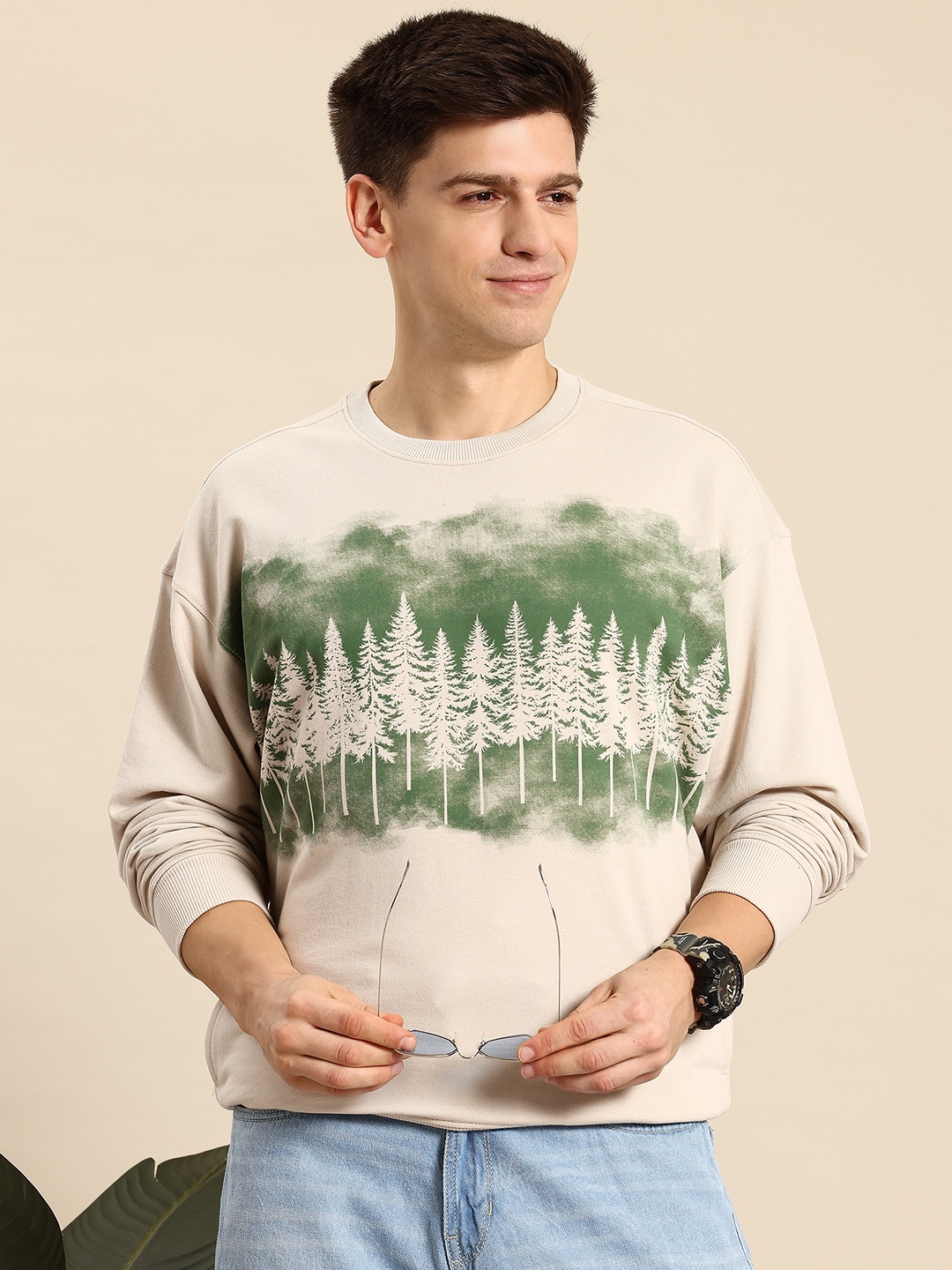 

Mast & Harbour Printed Drop-Shoulder Sleeves Sweatshirt, Beige