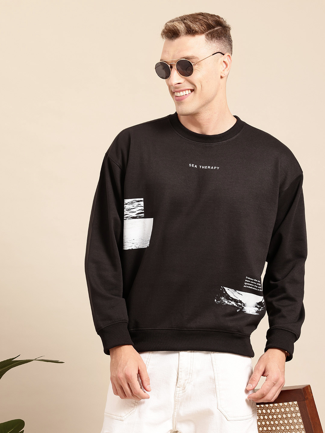 

Mast & Harbour Men Printed Drop-Shoulder Sleeve Sweatshirt, Black