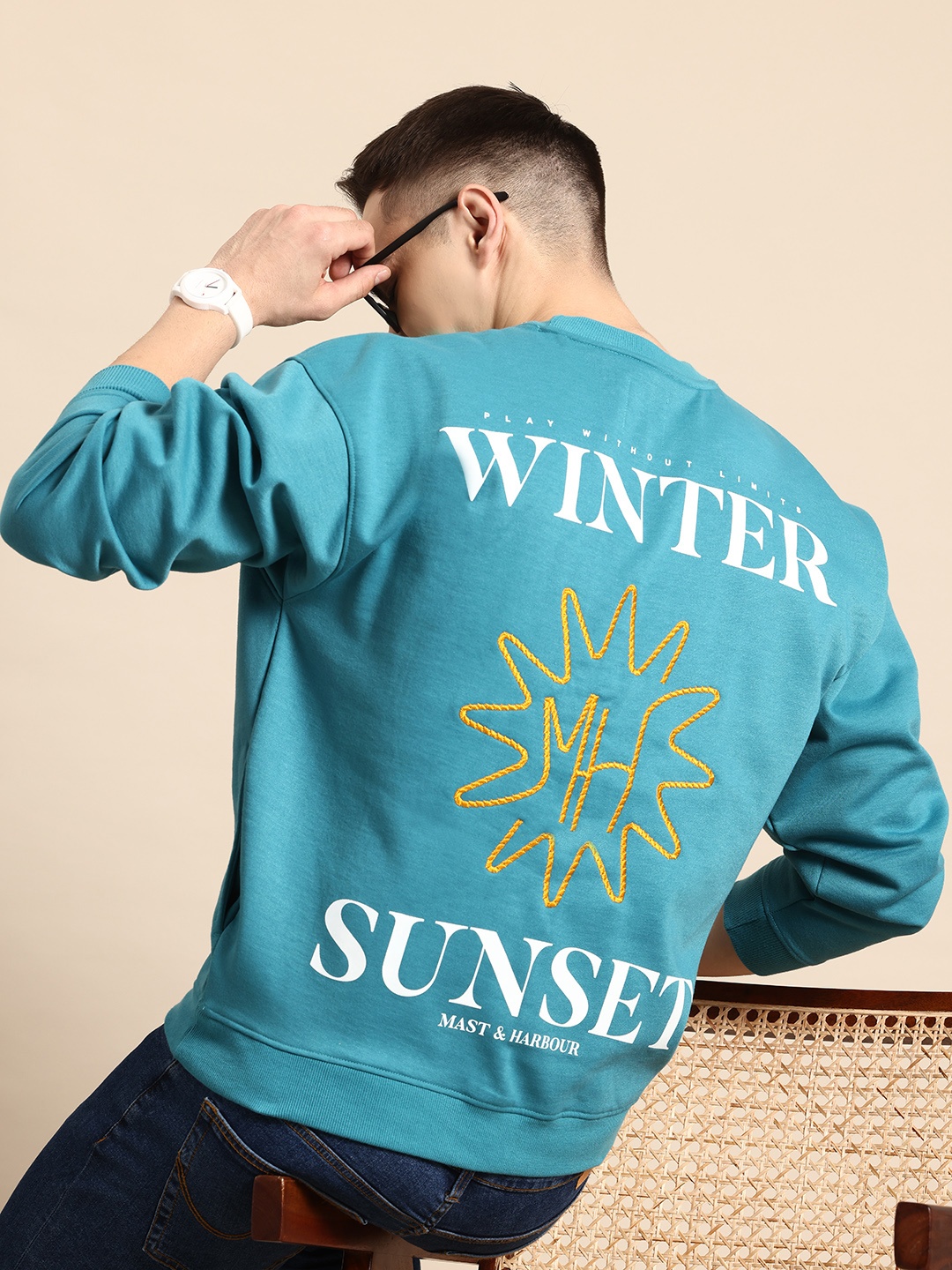 

Mast & Harbour Typography Printed Drop-Shoulder Sleeves Sweatshirt with Embroidered Detail, Teal