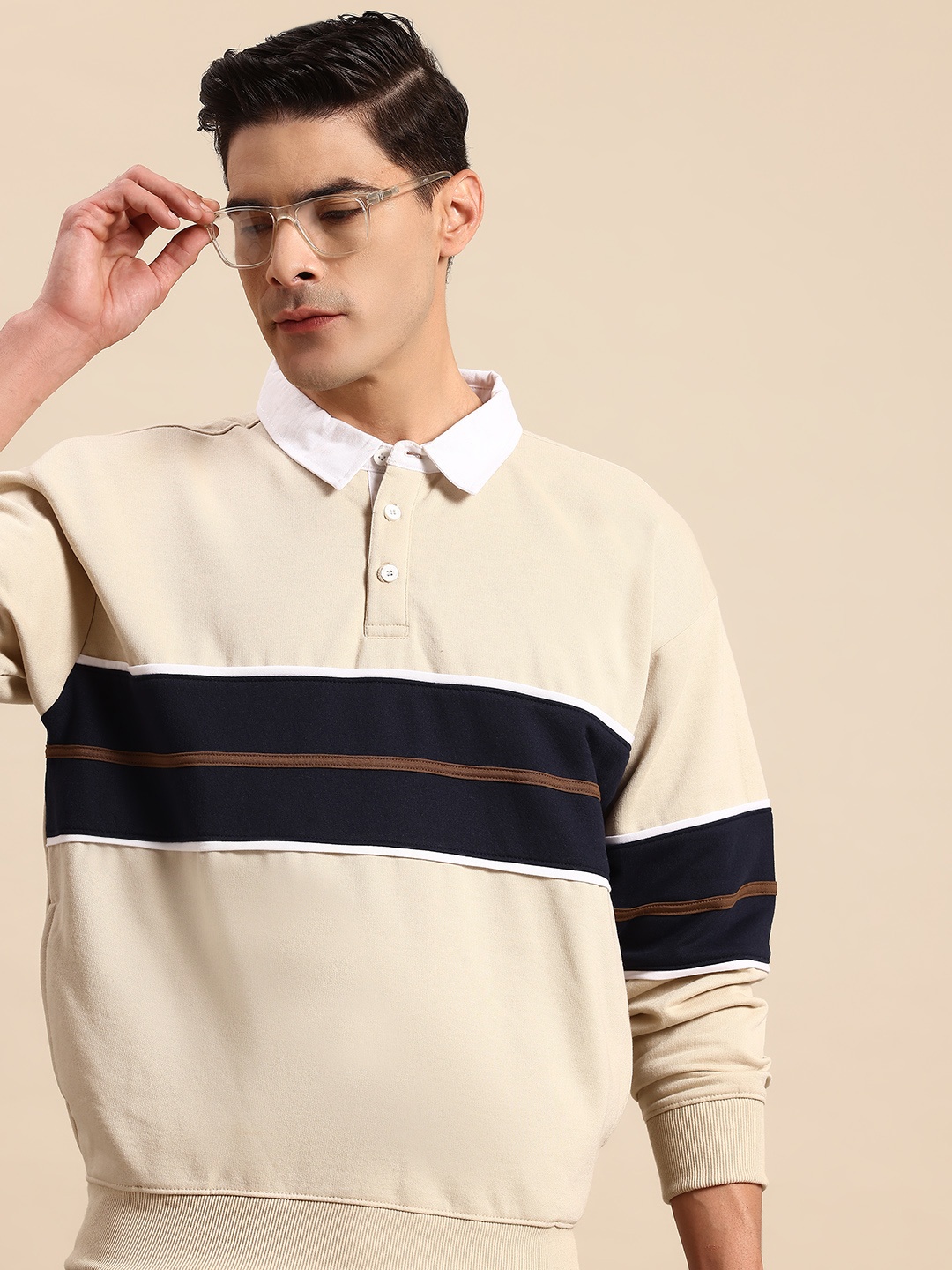 

Mast & Harbour Striped Polo Collar Sweatshirt, Beige