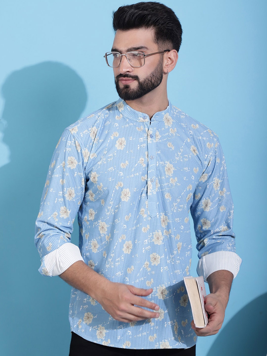 

Jompers Floral Printed Corduroy Short Kurta, Blue