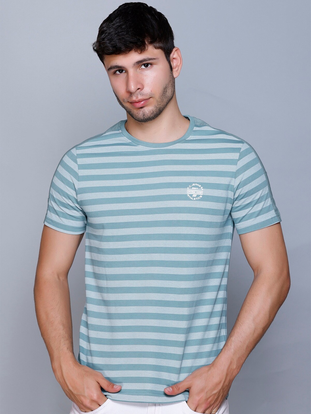 

Fort Collins Striped Round Neck Knitted Cotton T-shirt, Green