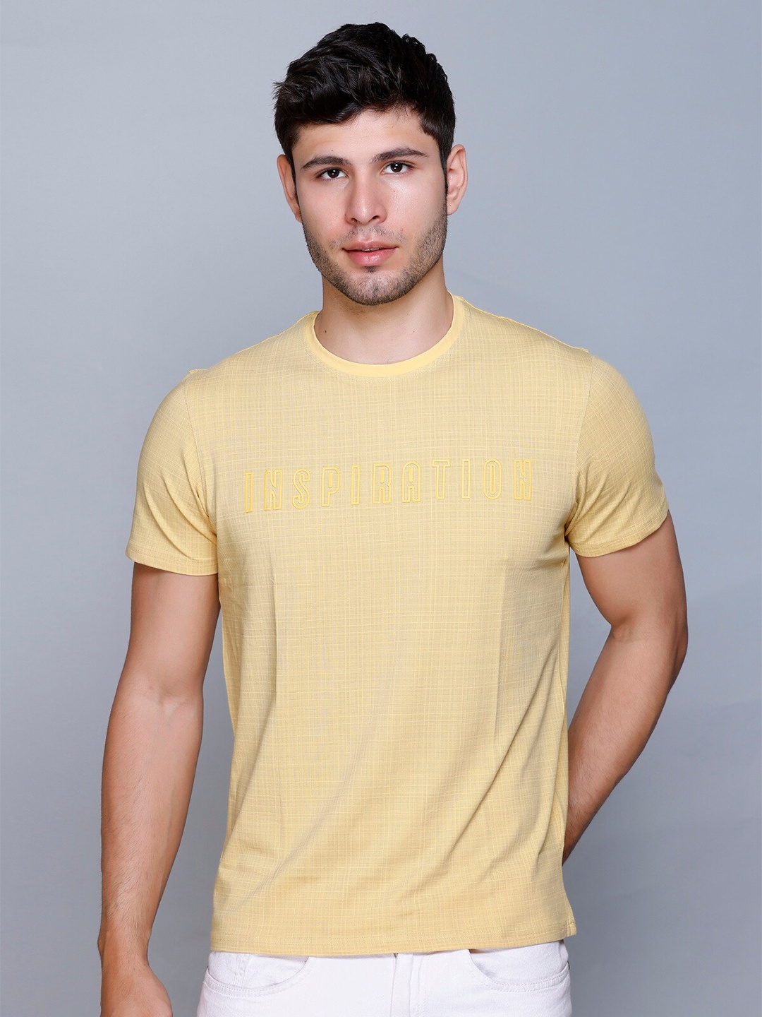 

Fort Collins Typography Printed Raw Edge Round Neck Cotton T-shirt, Yellow