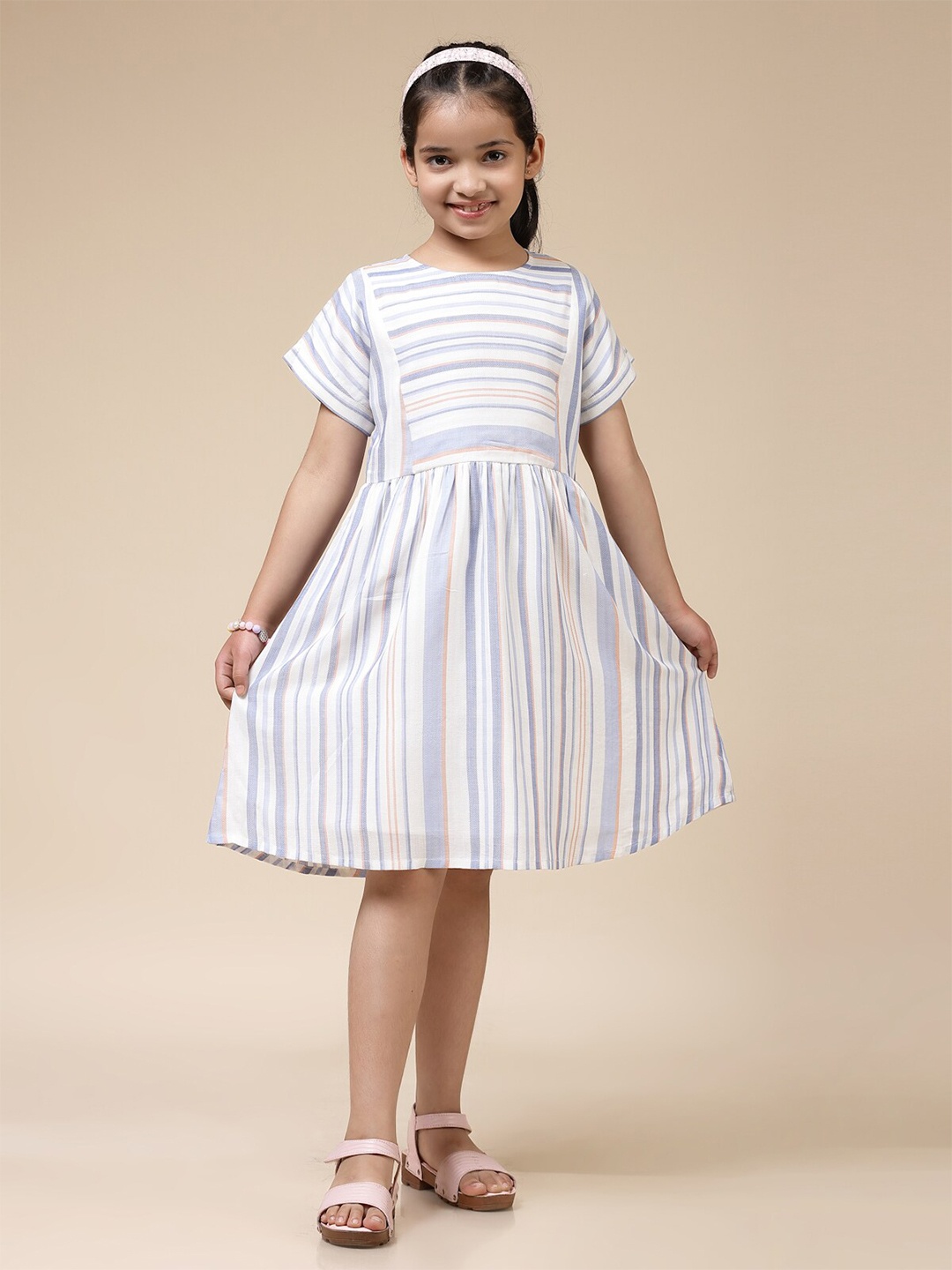 

BAESD Girls Striped Round Neck Casual Fit & Flare Dress, White