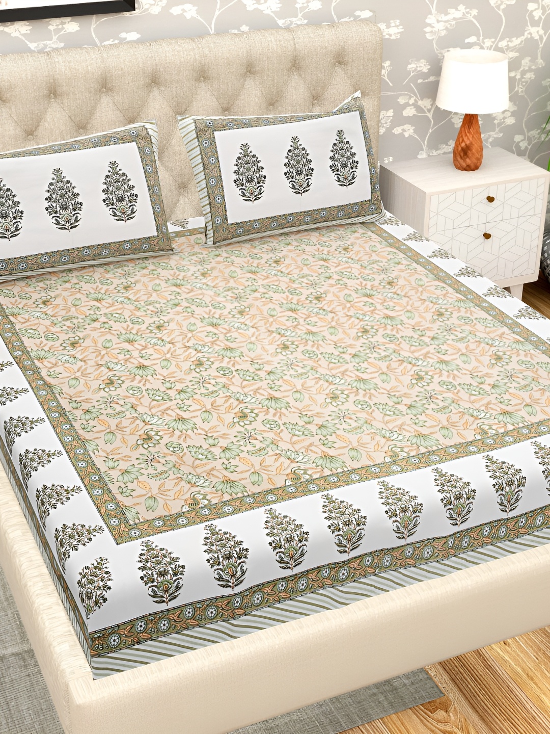 

PATRICKO Brown & White Ethnic Motifs Cotton 210 TC King Bedsheet With 2 Pillow Covers