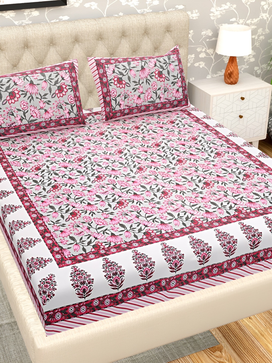 

PATRICKO Pink & Grey Floral Cotton 210 TC King Bedsheet With 2 Pillow Covers