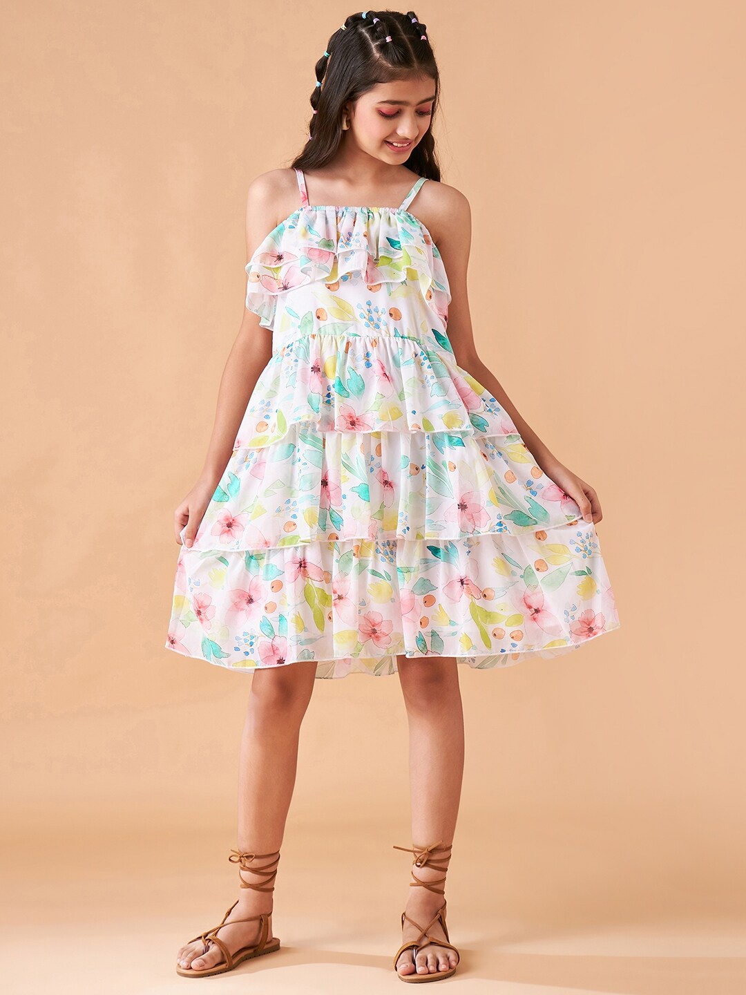 

Cherry & Jerry Girls Floral Print Shoulder Straps Layered Fit & Flare Dress, White