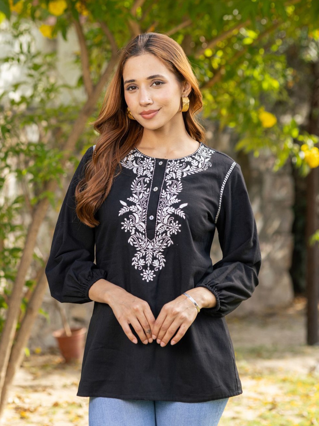 

Ambraee Floral Embroidered Cotton A-Line Top, Black