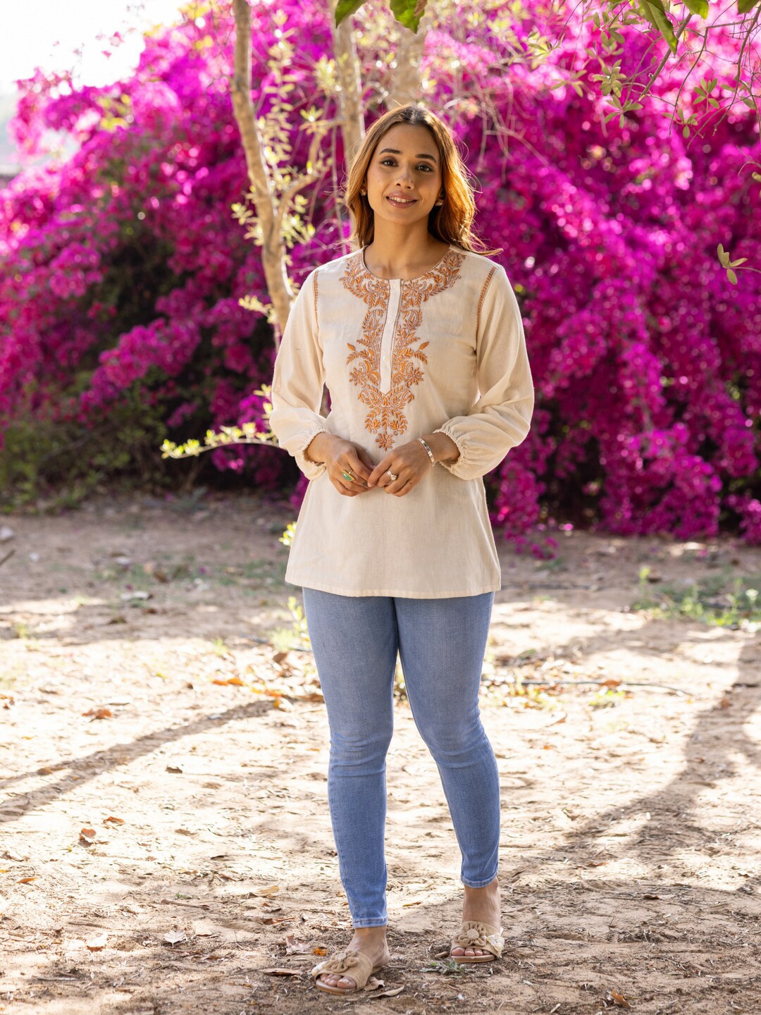 

Ambraee Floral Embroidered Mandarin Collar Top, Off white