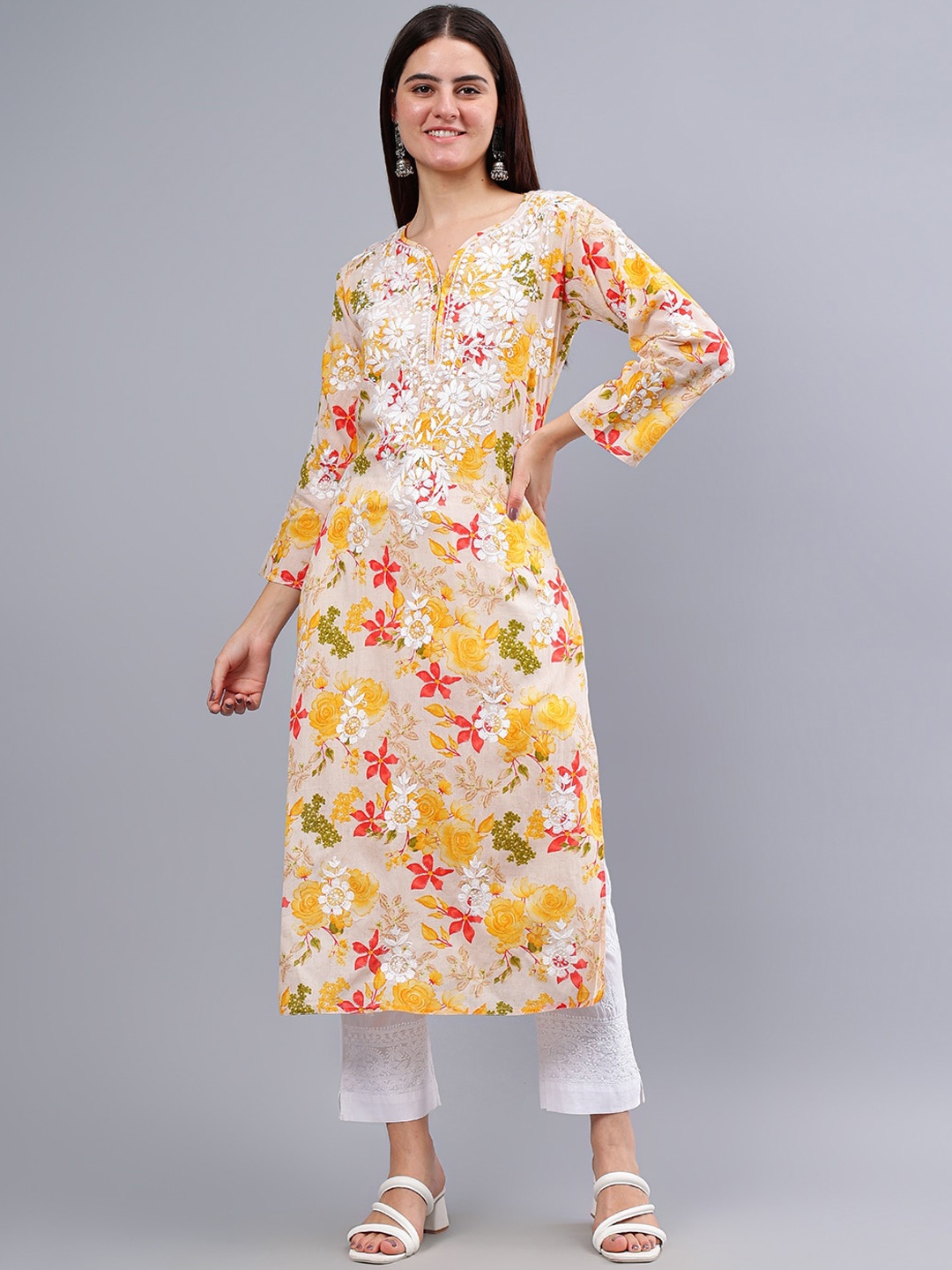 

Seva Chikan Floral Embroidered Lucknowi Chikankari Kurta, Yellow