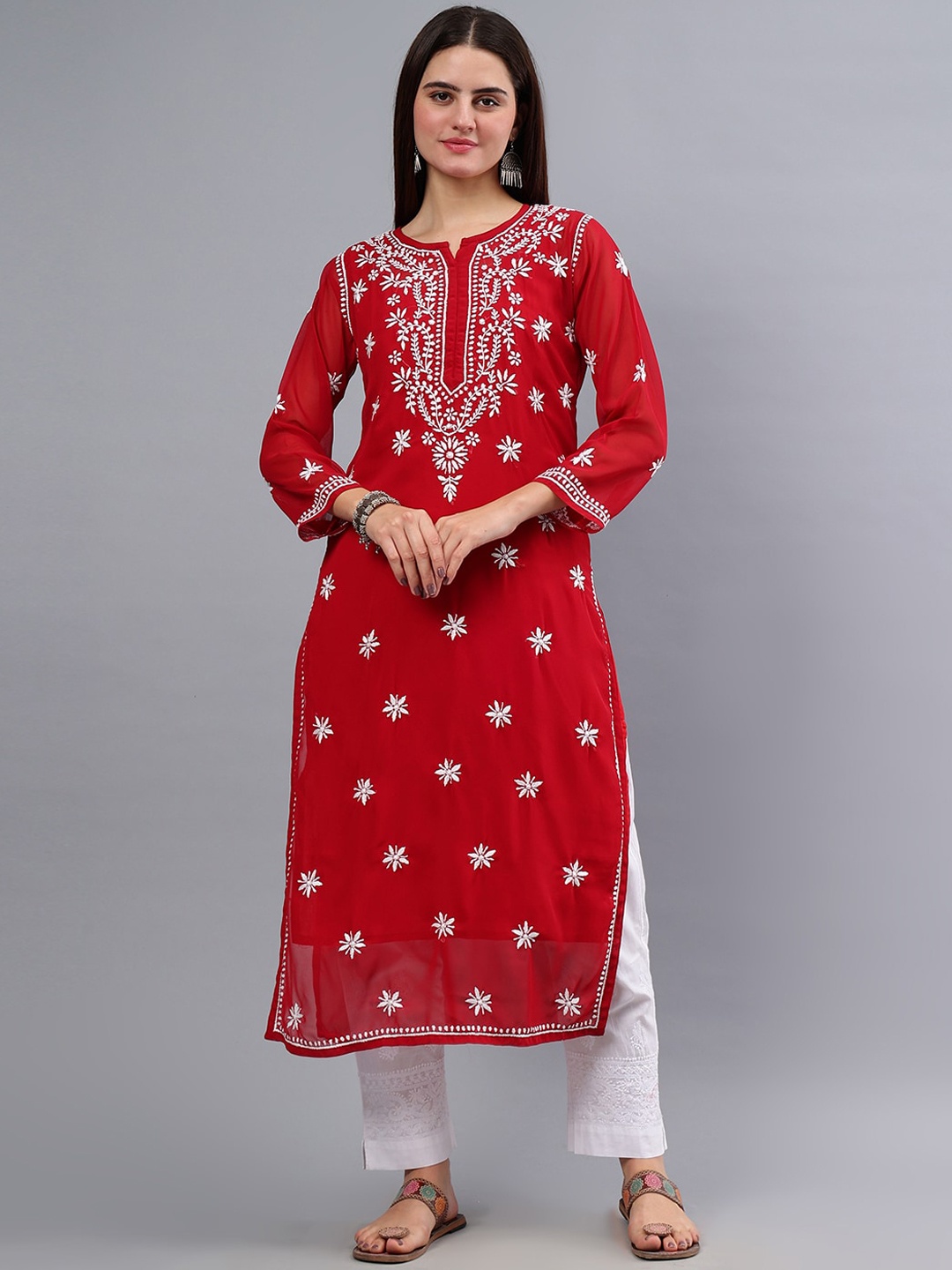

Seva Chikan Ethnic Motifs Embroidered Chikankari Georgette Straight Kurta With Slip, Maroon