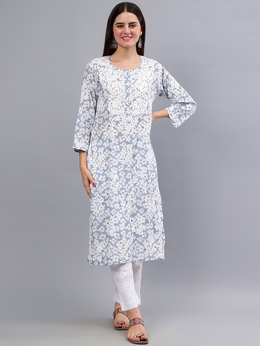 

Seva Chikan Floral Printed Thread Work Straight Kurta, Grey