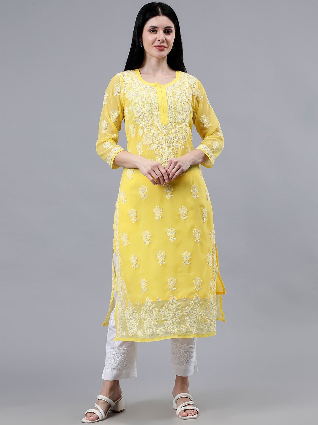 

Seva Chikan Ethnic Motifs Embroidered Georgette Lucknowi Chikankari Kurta, Yellow