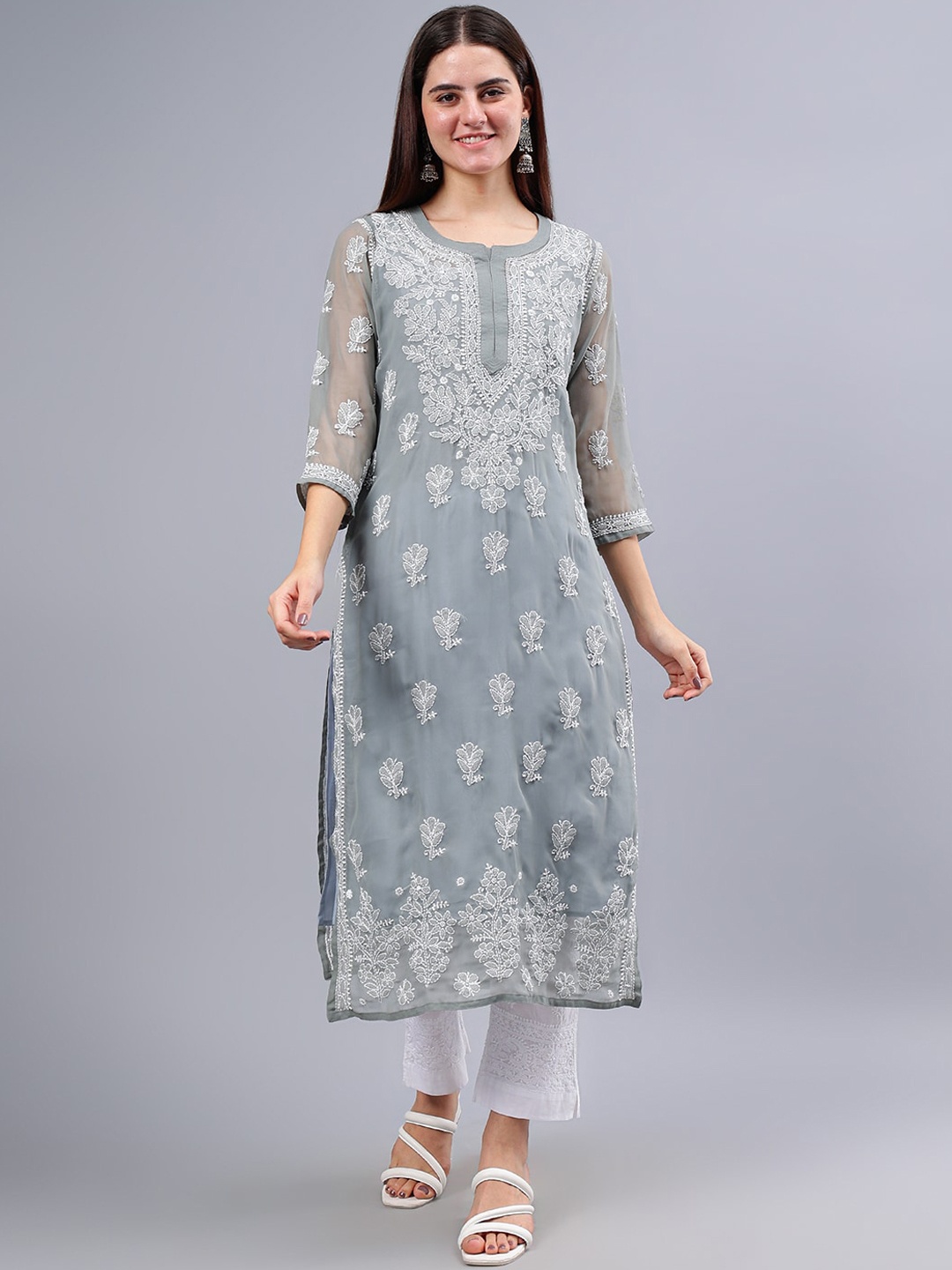

Seva Chikan Ethnic Motifs Embroidered Chikankari Straight Kurta, Grey