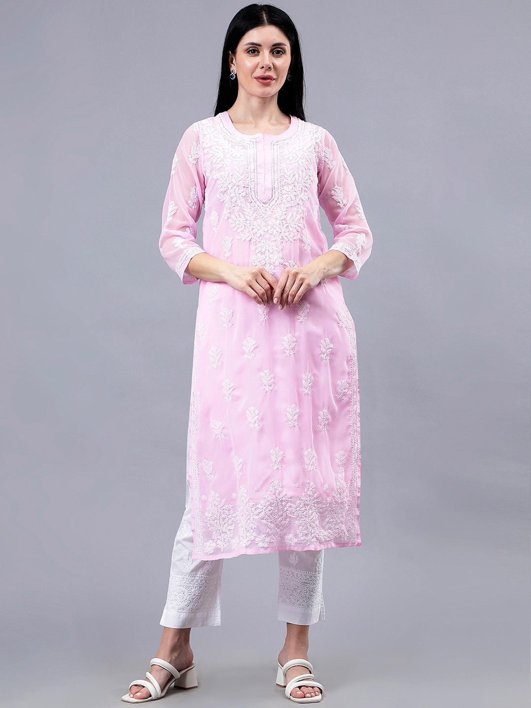 

Seva Chikan Floral Embroidered Chikankari Straight Kurta With Slip, Pink