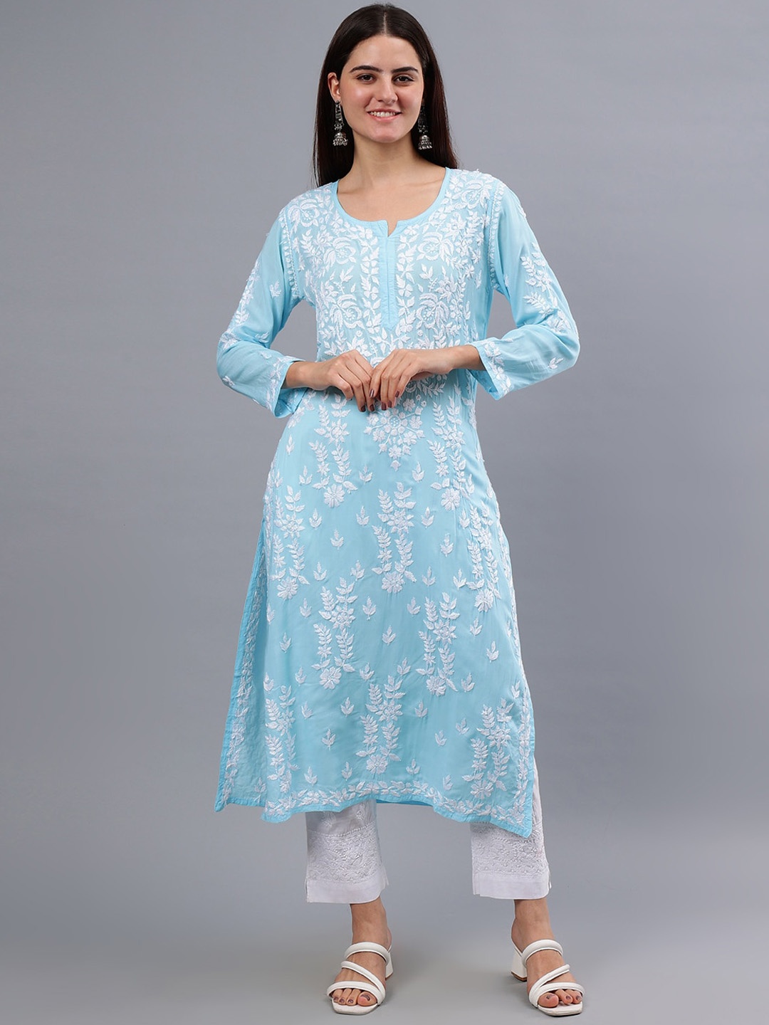 

Seva Chikan Floral Embroidered Flared Sleeves Chikankari Kurta, Blue