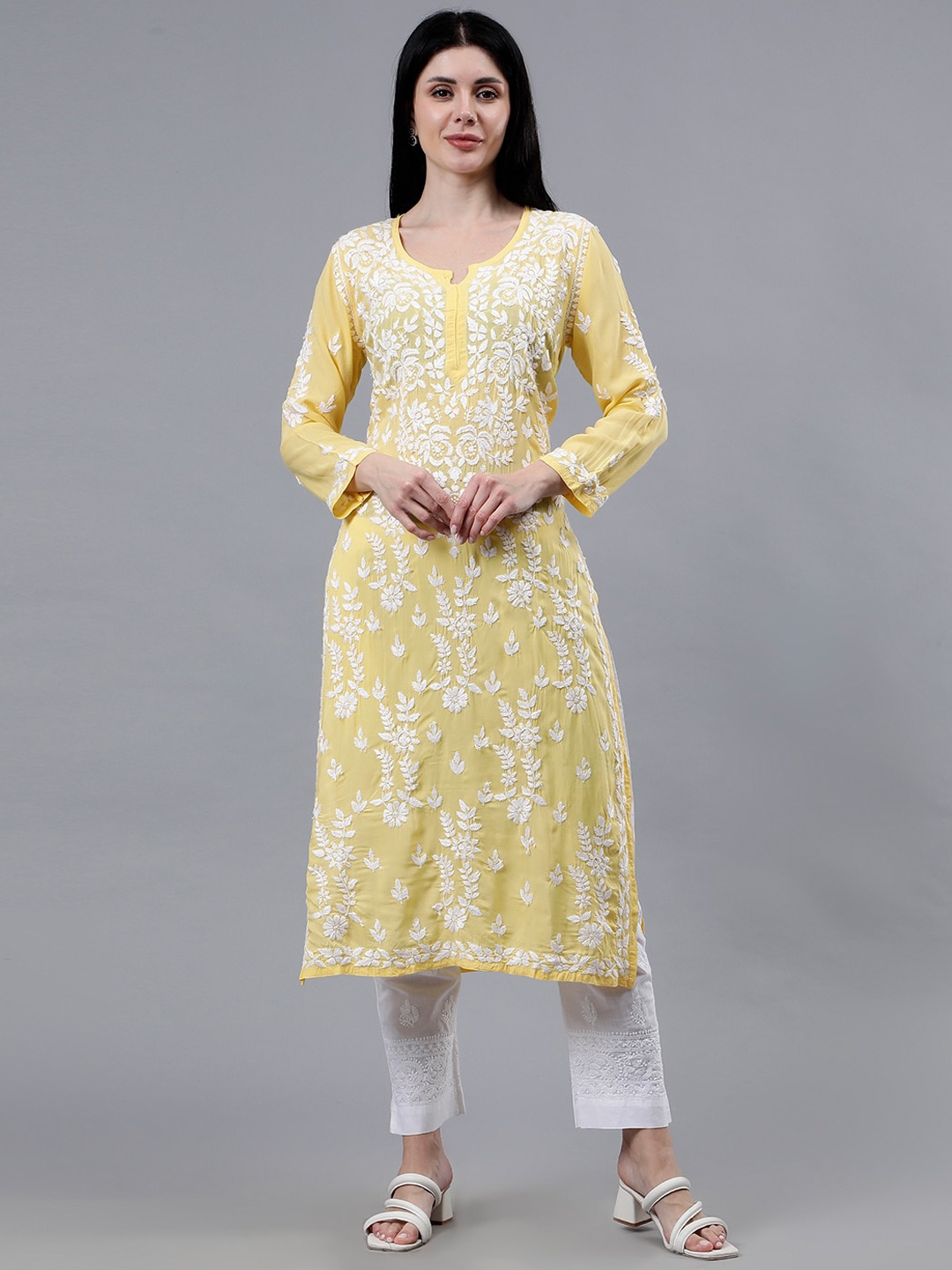 

Seva Chikan Floral Embroidered Lucknowi Chikankari Kurta, Yellow