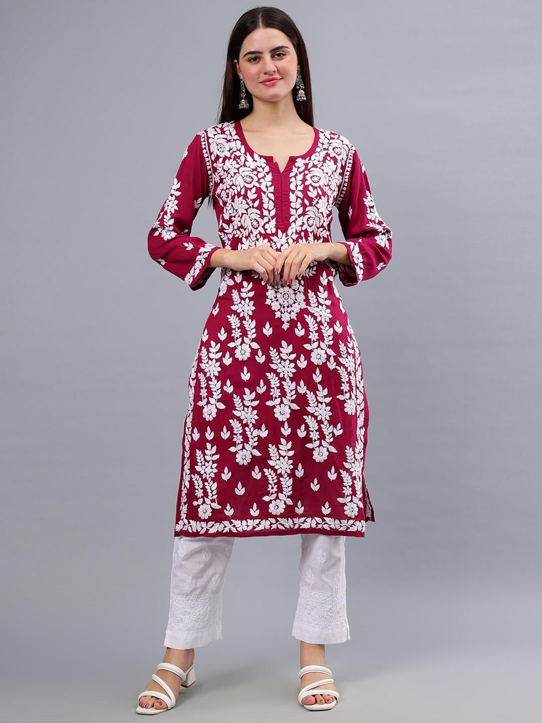 

Seva Chikan Floral Printed Flared Sleeves Thread Work Kurta, Purple