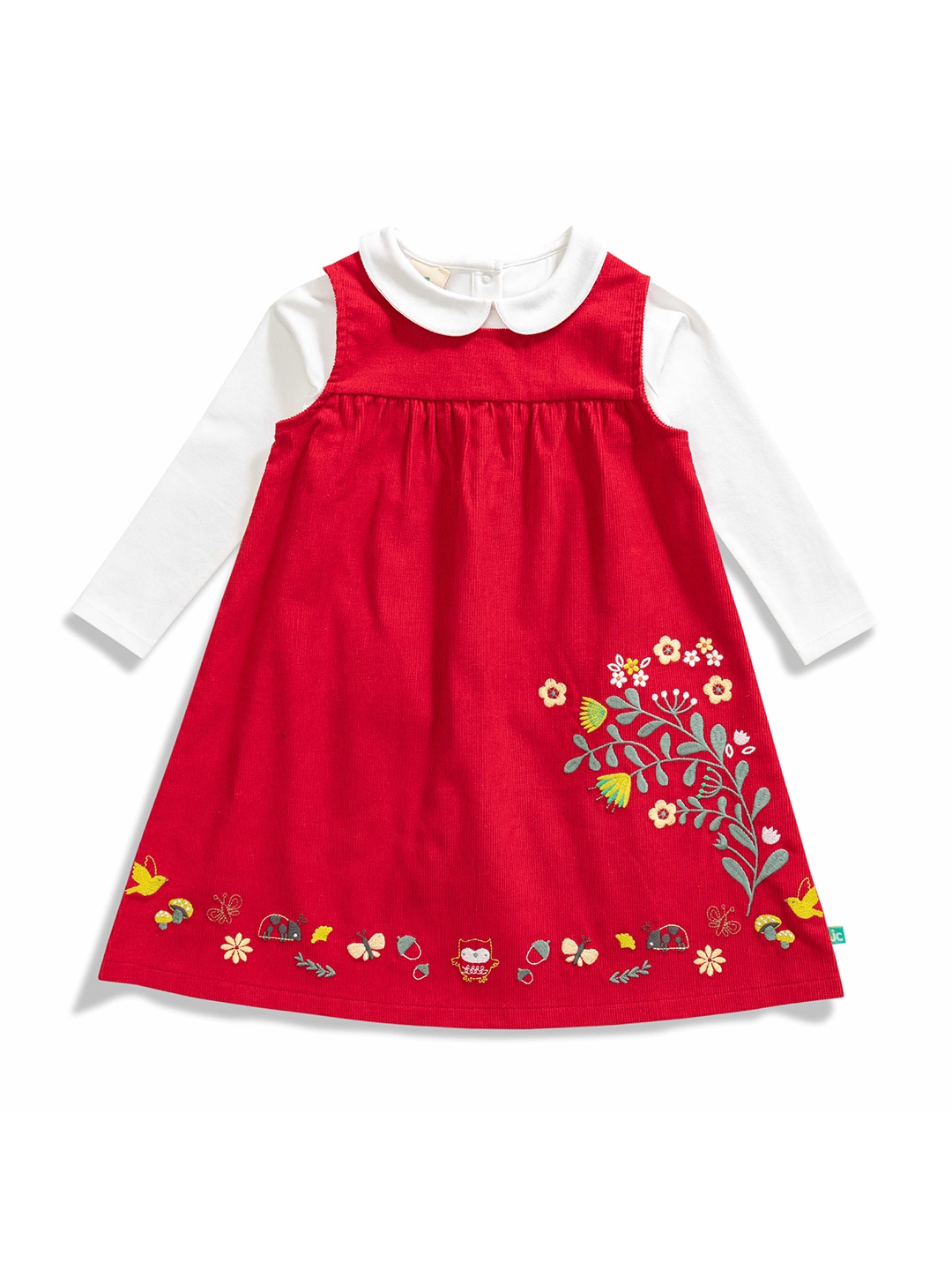 

JusCubs Girls Floral Embroidered Flared Peter Pan Collar Cotton A-Line Dress, Red