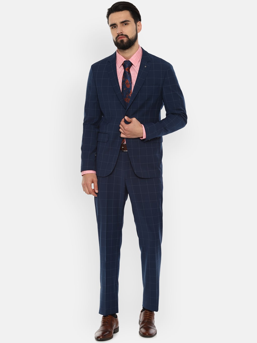 

Louis Philippe Men Checked Slim Fit Single-Breasted Formal 2-Piece Suit, Navy blue