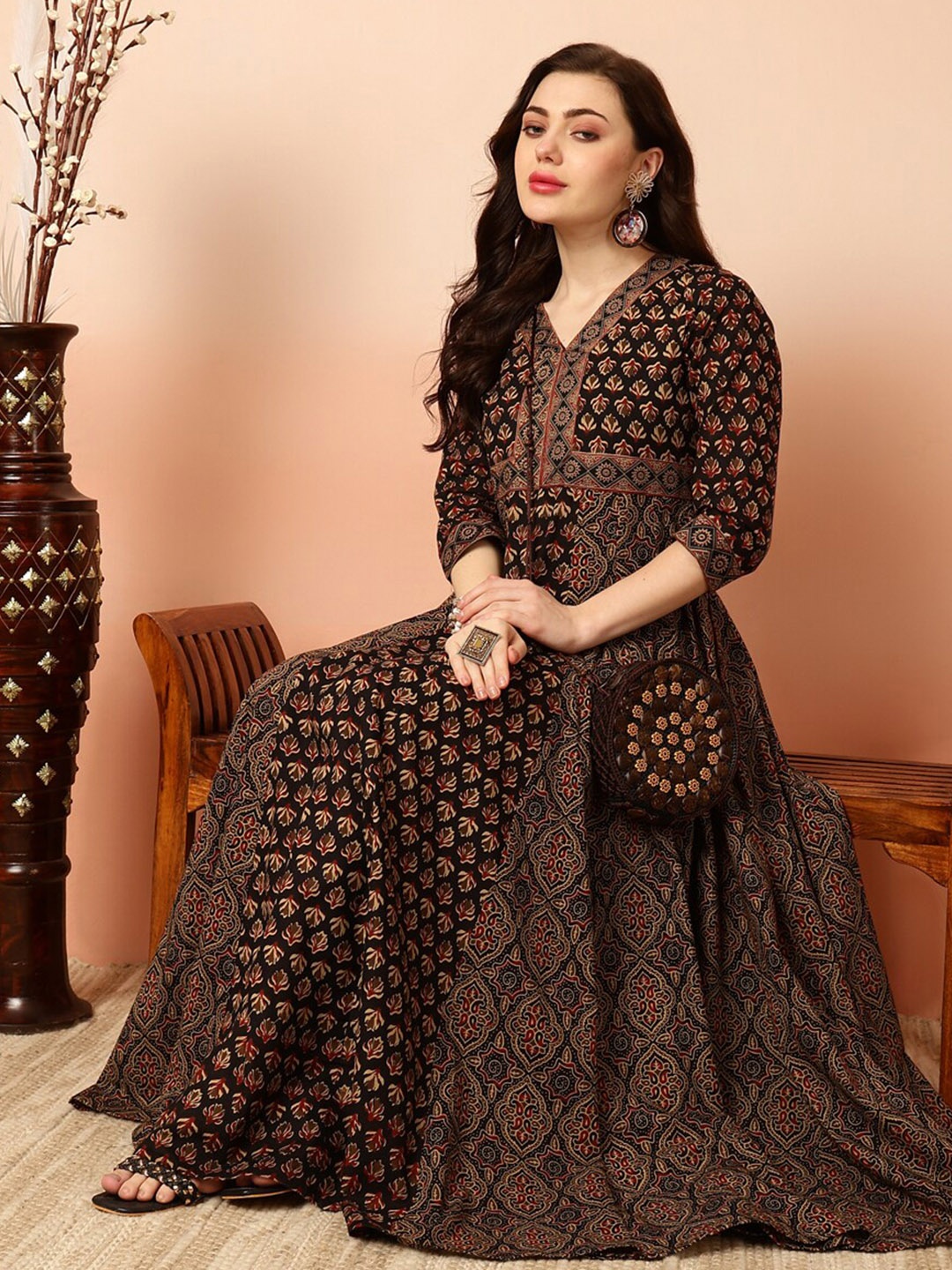 

GULMOHAR JAIPUR Ethnic Motifs Printed Pure Cotton Flared Maxi Dress, Black