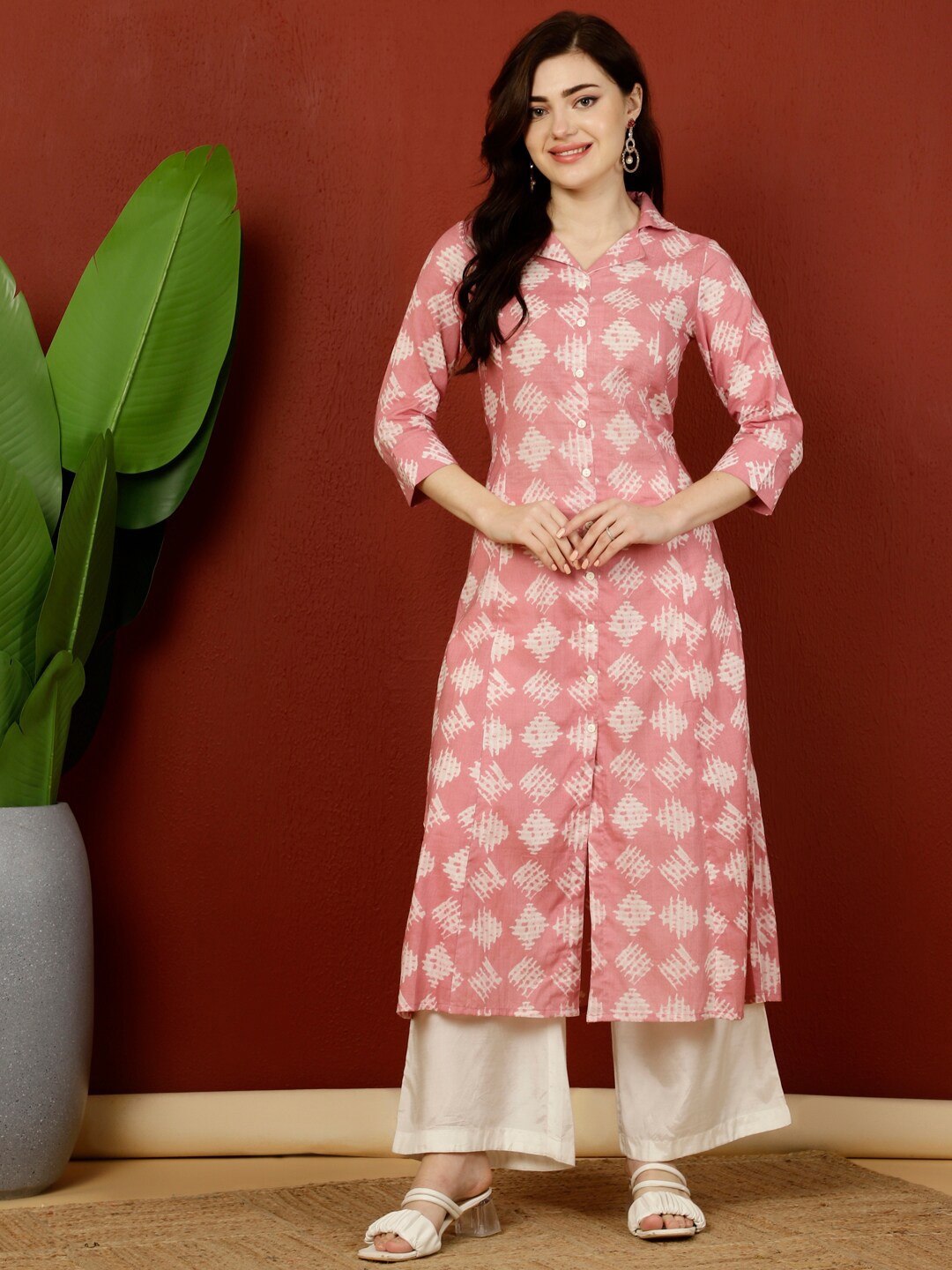 

GULMOHAR JAIPUR Ethnic Motifs Printed A-Line Pure Cotton Kurta, Pink