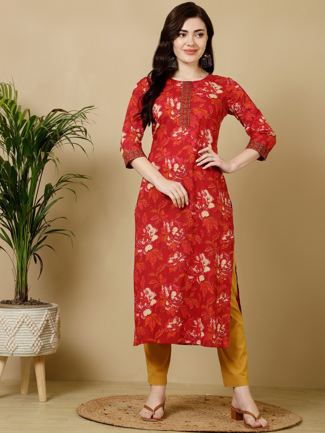 

GULMOHAR JAIPUR Floral Printed Cotton Straight Kurta, Red