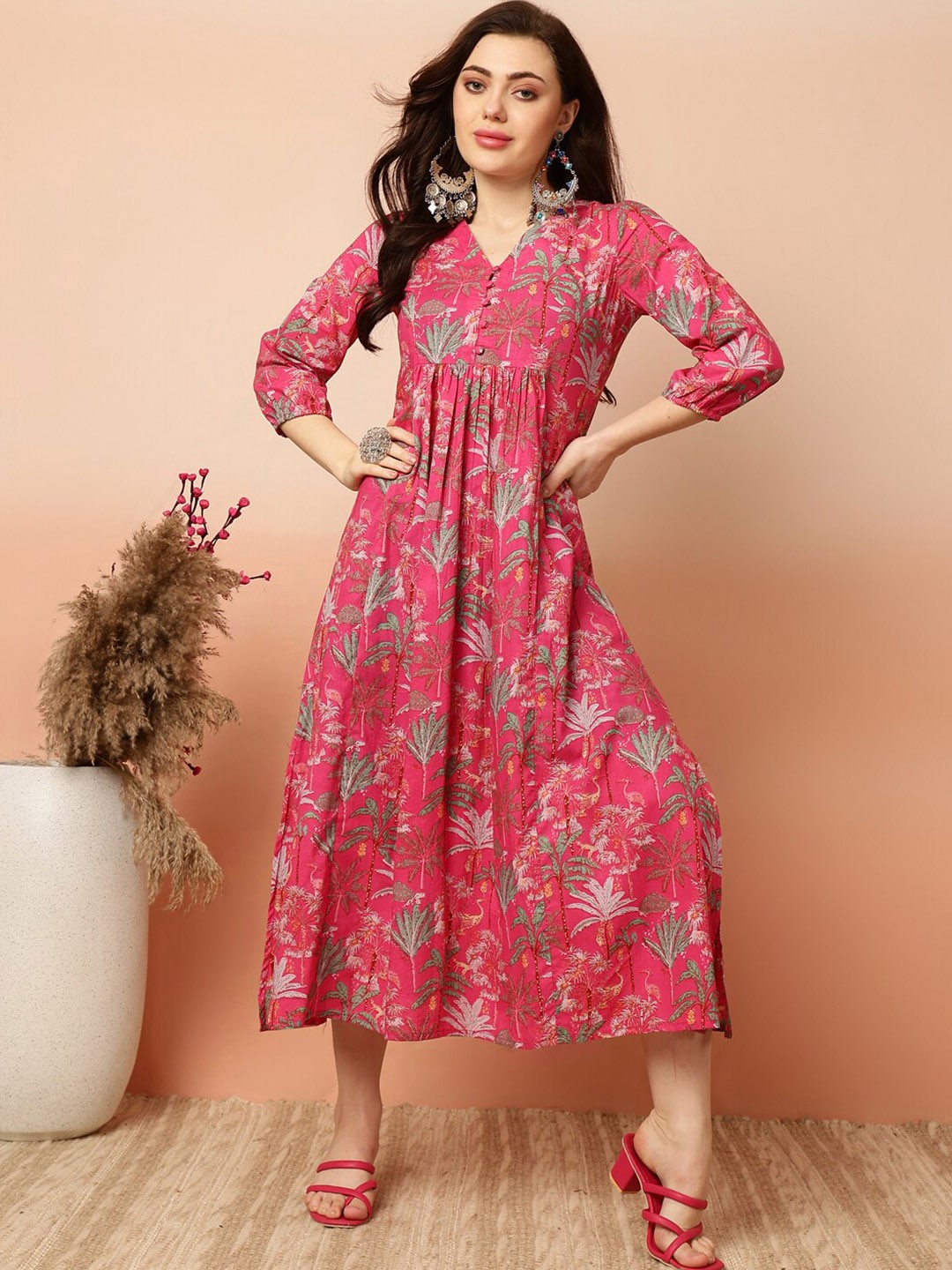 

GULMOHAR JAIPUR Floral Printed V-Neck A-Line Midi Cotton Dress, Pink