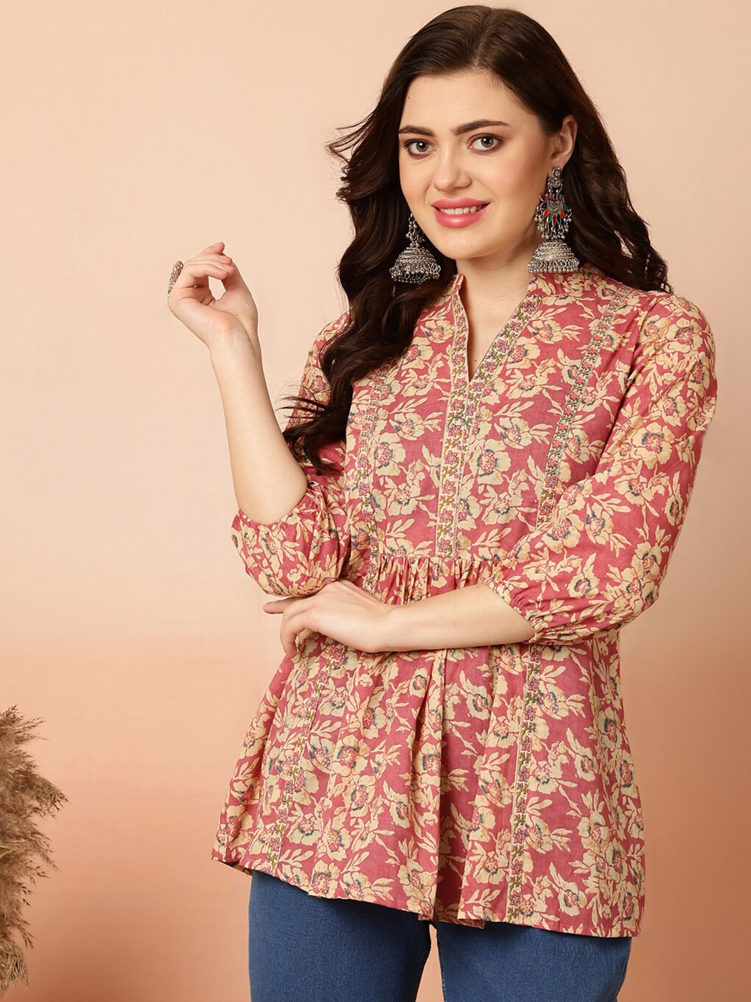 

GULMOHAR JAIPUR Floral Printed Pure Cotton Kurti, Pink