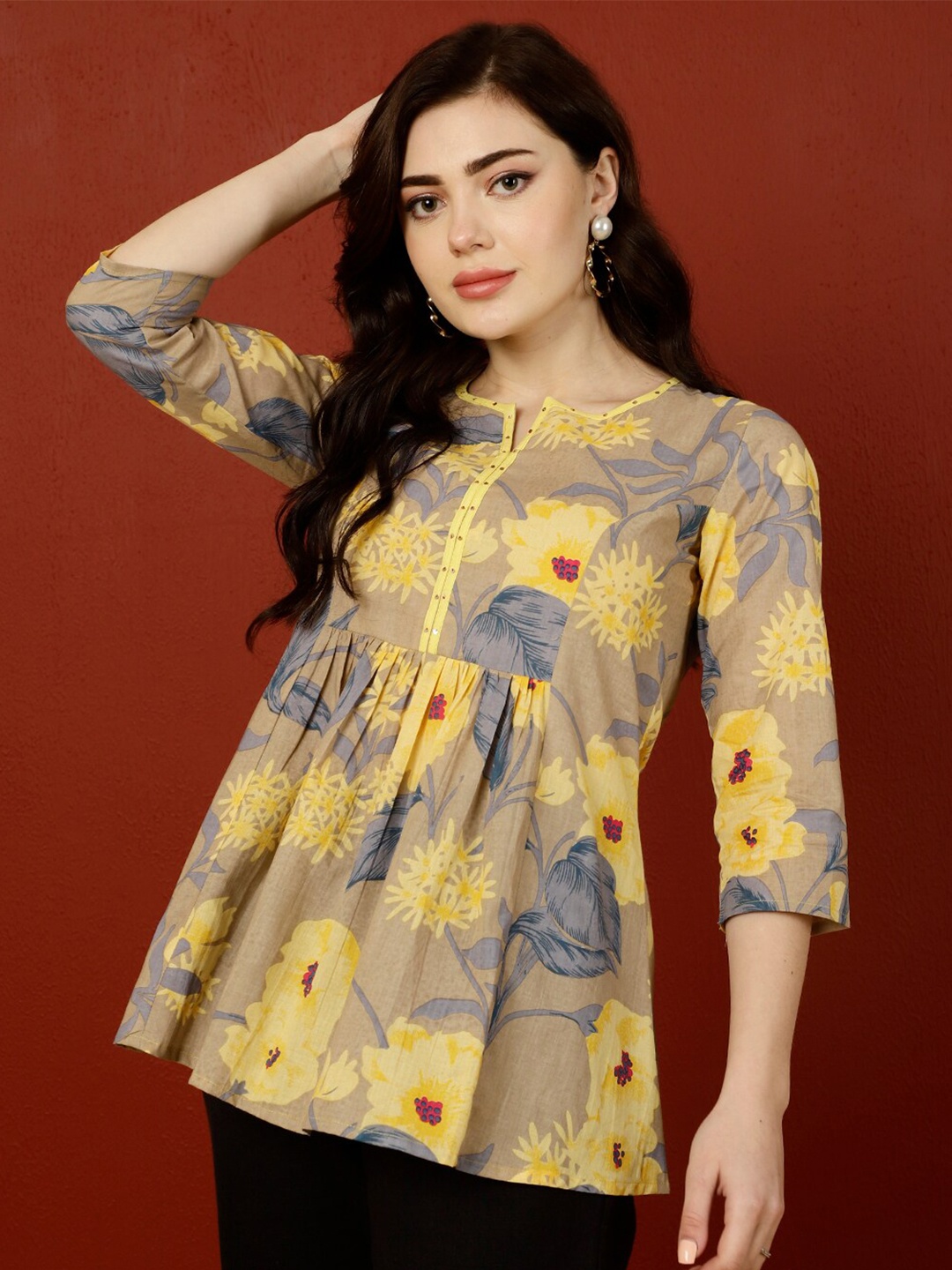 

GULMOHAR JAIPUR Floral Printed Pure Cotton A-Line Kurti, Beige