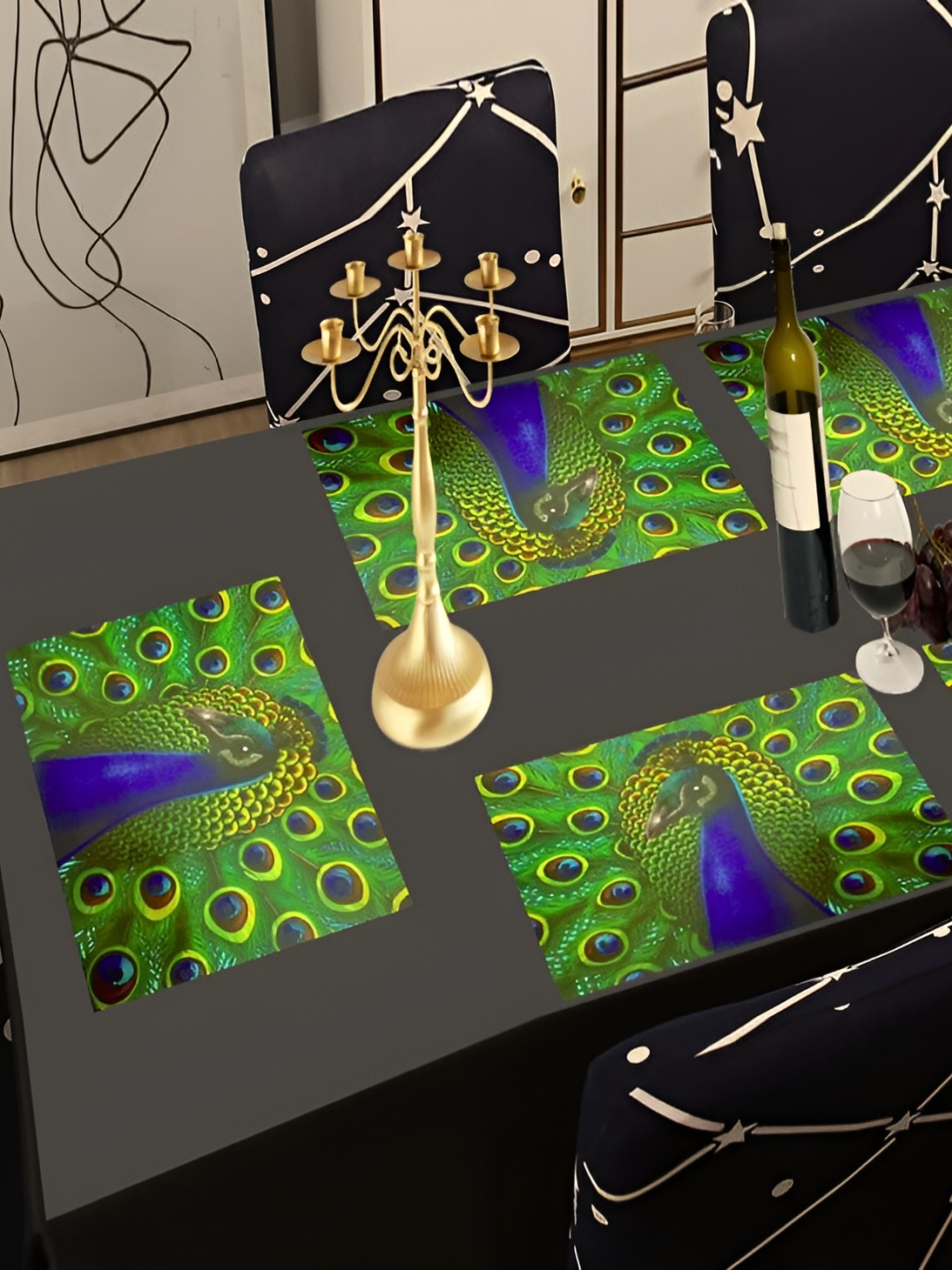 

REVEXO Green & Blue 6 Pieces Peacock Printed Rectangular Table Placemats
