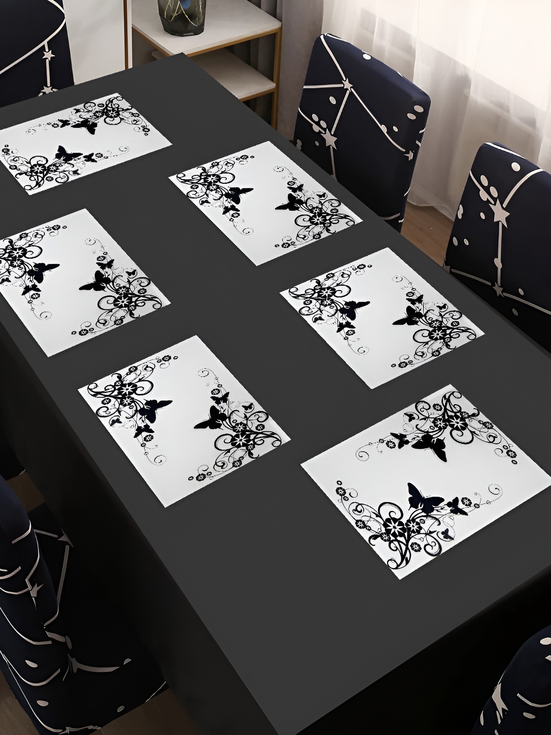 

REVEXO White & Black 6 Pieces Printed Rectangular Table Placemats