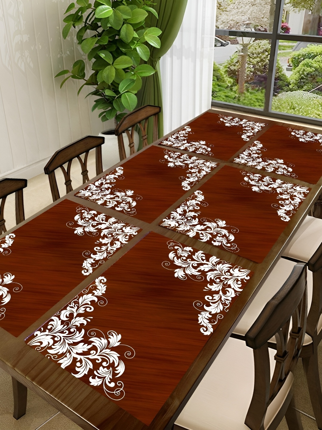 

REVEXO Maroon & White 6 Pieces Printed Rectangular Table Placemats