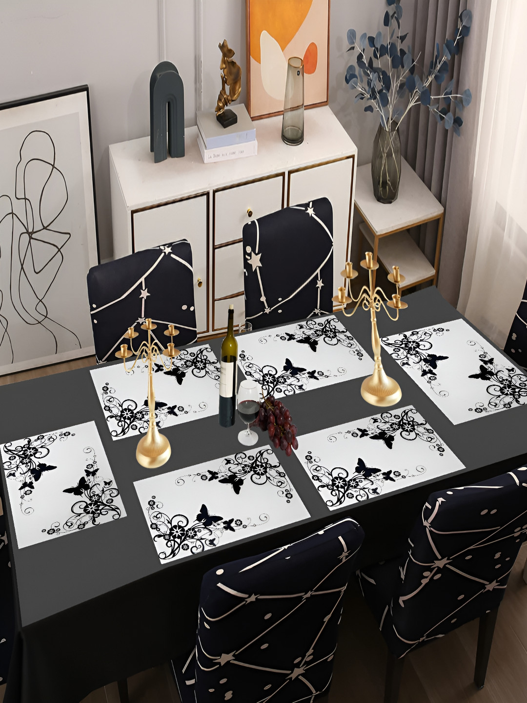 

REVEXO White & Black 6 Pieces Printed Rectangular Table Placemats